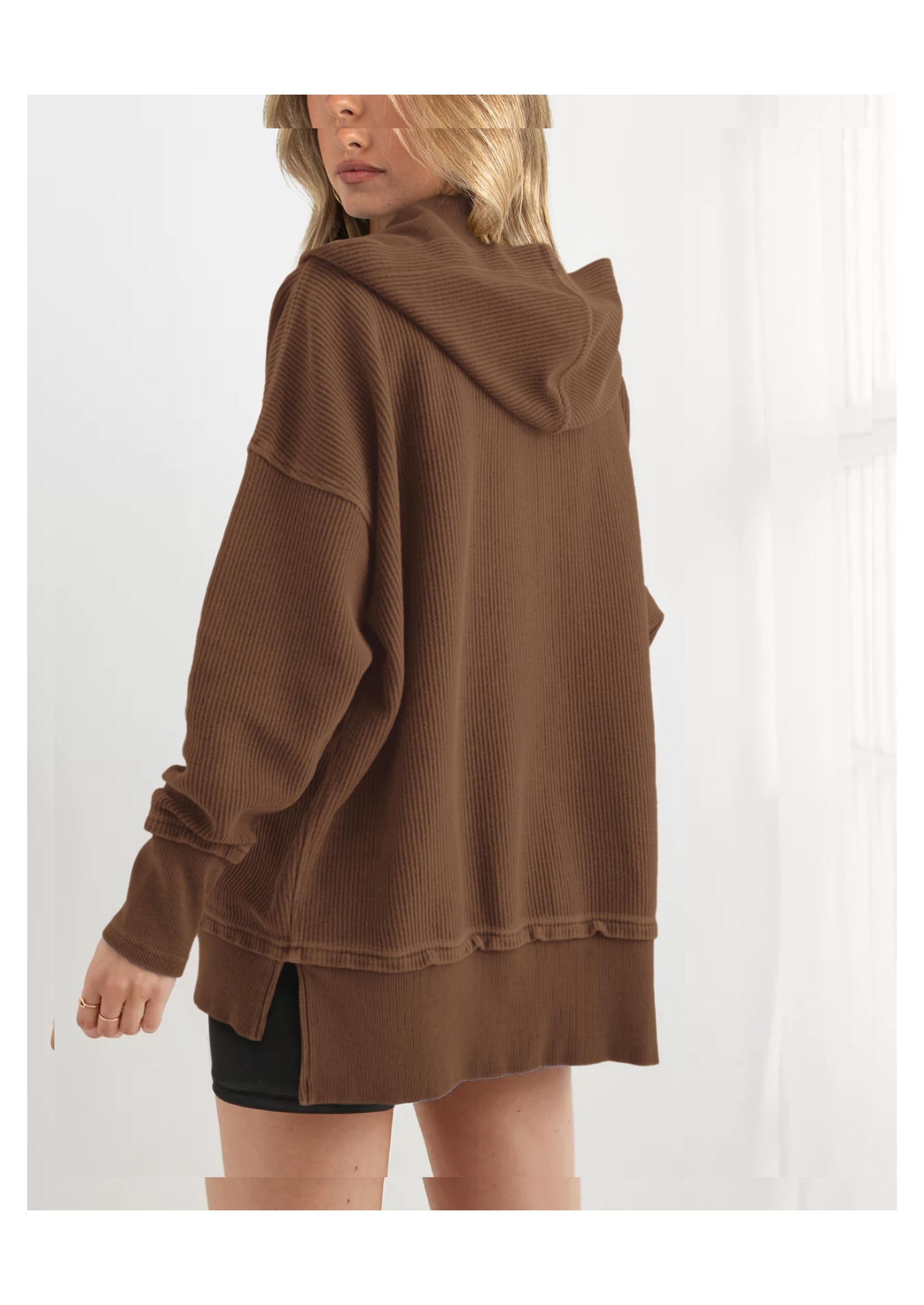 Womens Fashion Oversized Long Sleeve Hoodie Button Down V Neck Sweatshirt Side Slit Casual Pullover Tops