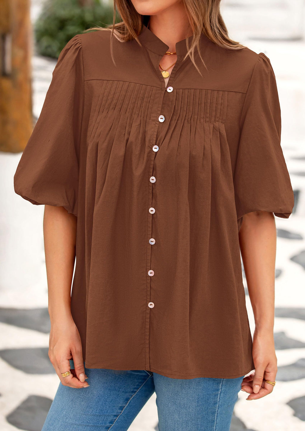 Women's Summer Short Lantern Sleeve Tops Loose Fit Button Down Shirt Casual Pleated V Neck Blouses