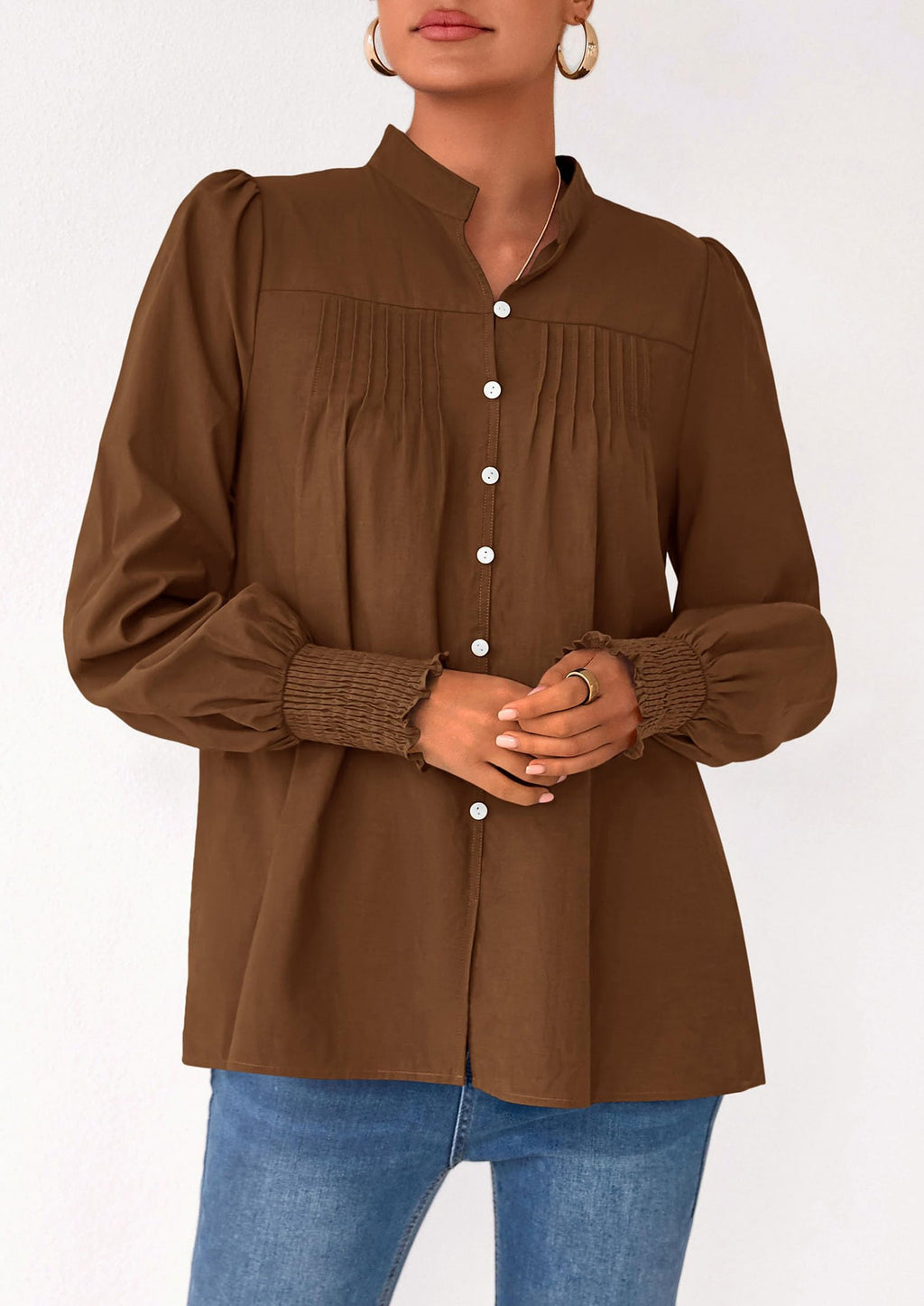 Womens Fall Lantern Long Sleeve Shirts Trendy Button V Neck Pleated Henley Tops Loose Work Blouses