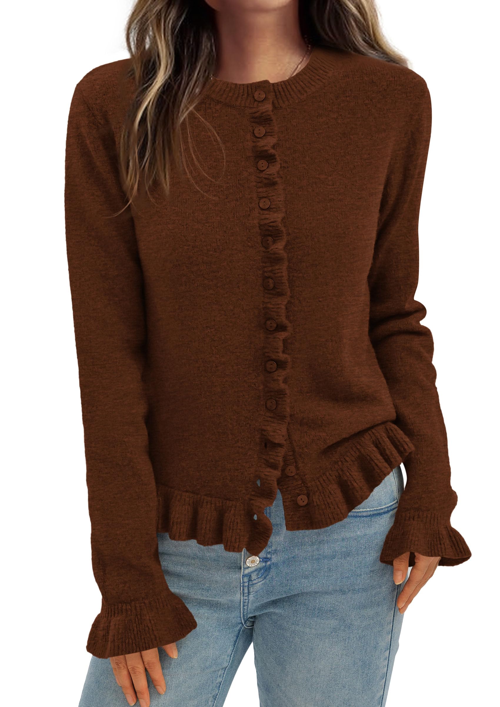 Womens Fall Button Down Cardigans Chunky Knit Ruffle Open Front Cropped Cardigan Sweaters Soft Long Sleeve Tops