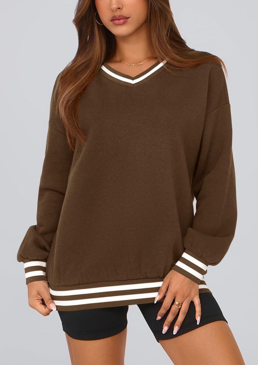 Women's Oversized Sweatshirts Casual Long Sleeve Stripes Knit V Neck Pullover Top Fall Teens Preppy Clothes