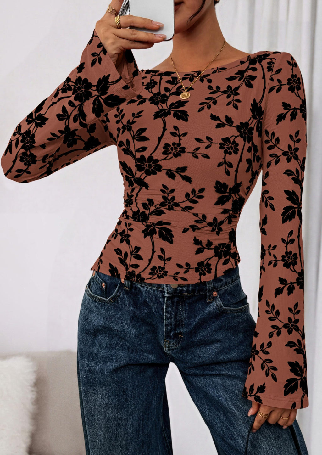Women Long Sleeve Floral Mesh Tops Blouse  Fall Trendy Boat Neck Ruched Fitted Shirt Going Out Date Outfits