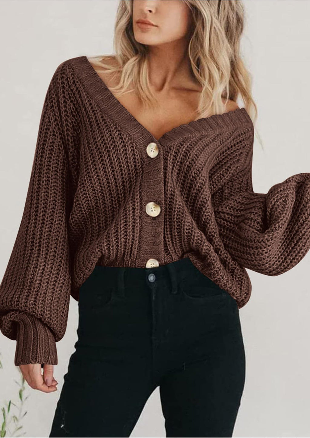 Women's Chunky Knit Open Front Sweater Long Sleeve Button Loose Short Cardigan Outerwear Coats