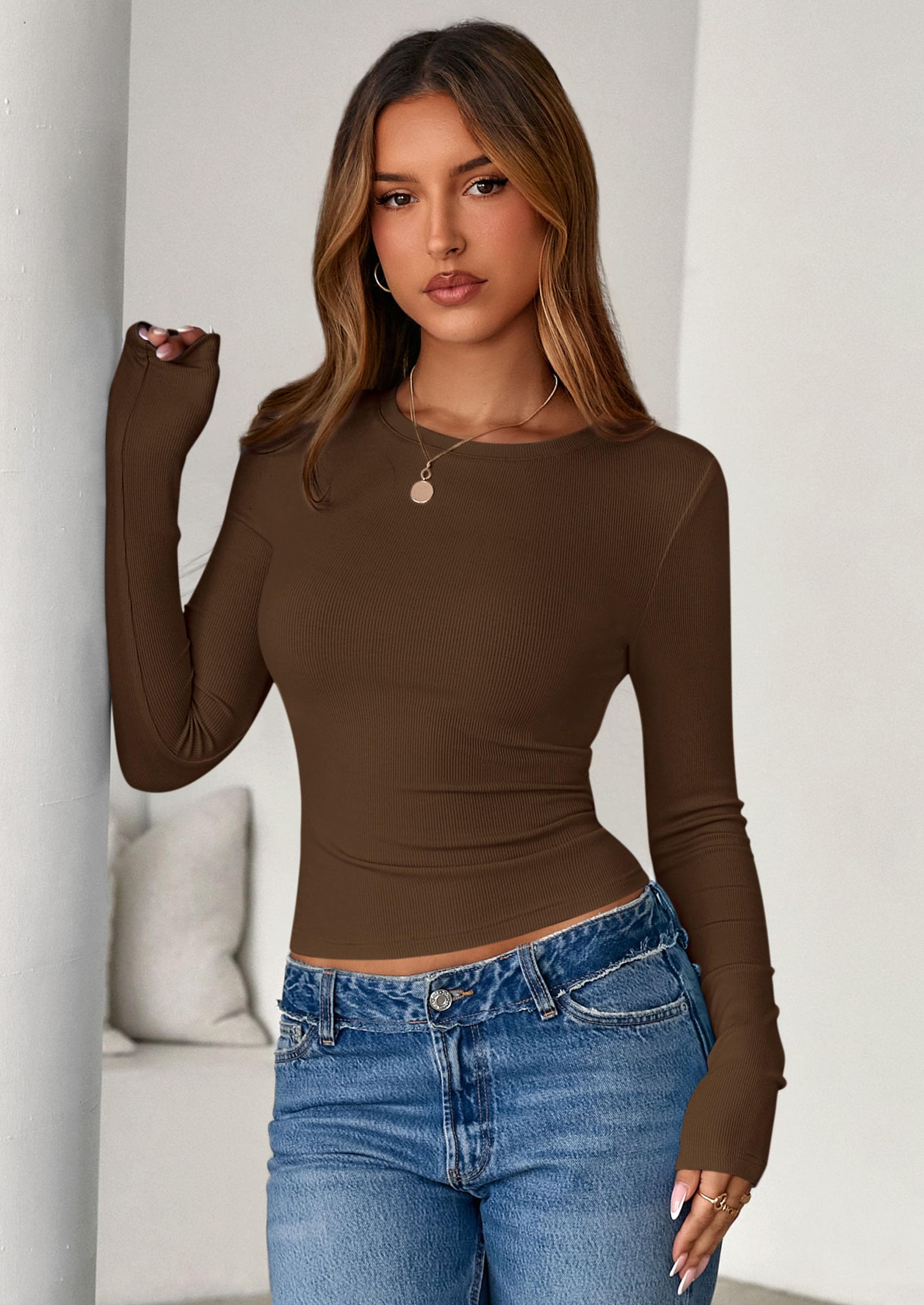 Womens Summer Fall Long Sleeve Shirts Ribbed Knit Fitted Basic Tee Going Out Tops Underscrub Casual Outfits