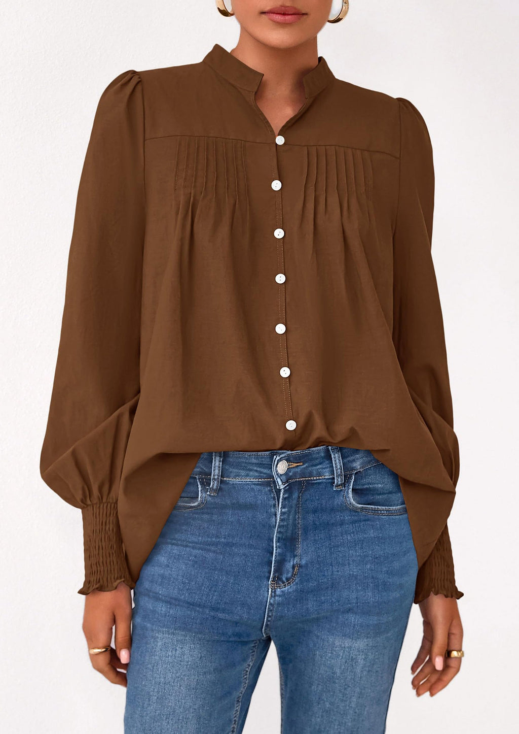 Womens Fall Lantern Long Sleeve Shirts Trendy Button V Neck Pleated Henley Tops Loose Work Blouses