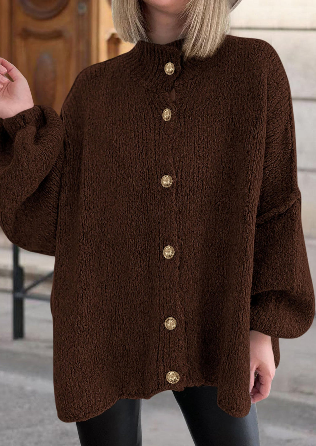 Women's Winter Button Down Cardigan Sweaters Mock Neck Lantern Long Sleeve Chunky Knit Jacket Trendy Outerwear