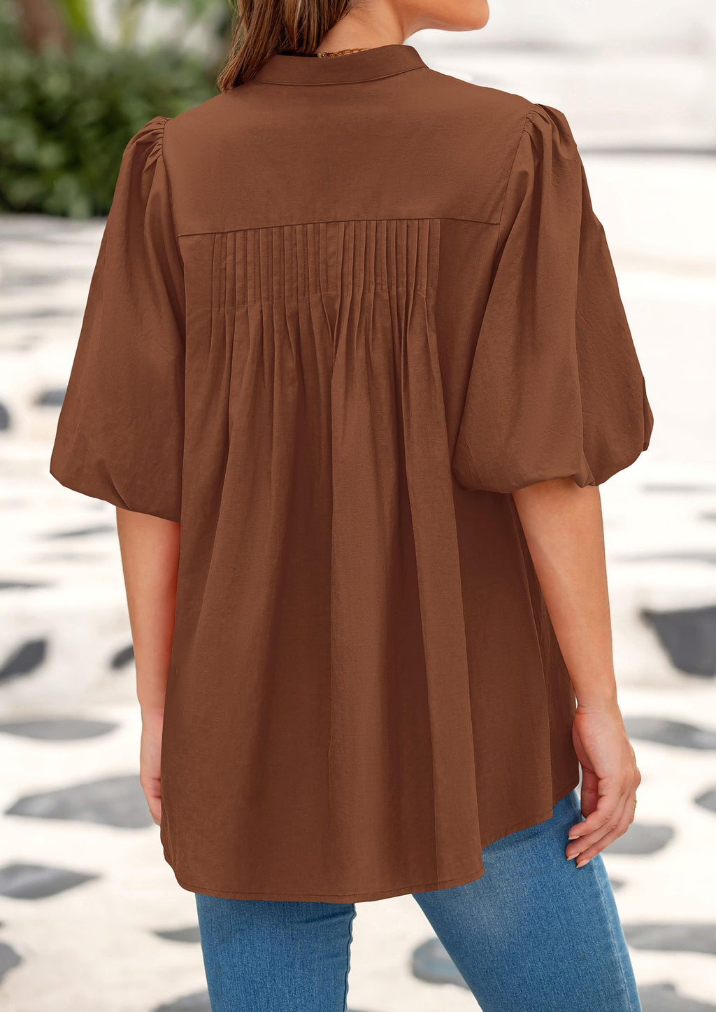 Women's Summer Short Lantern Sleeve Tops Loose Fit Button Down Shirt Casual Pleated V Neck Blouses