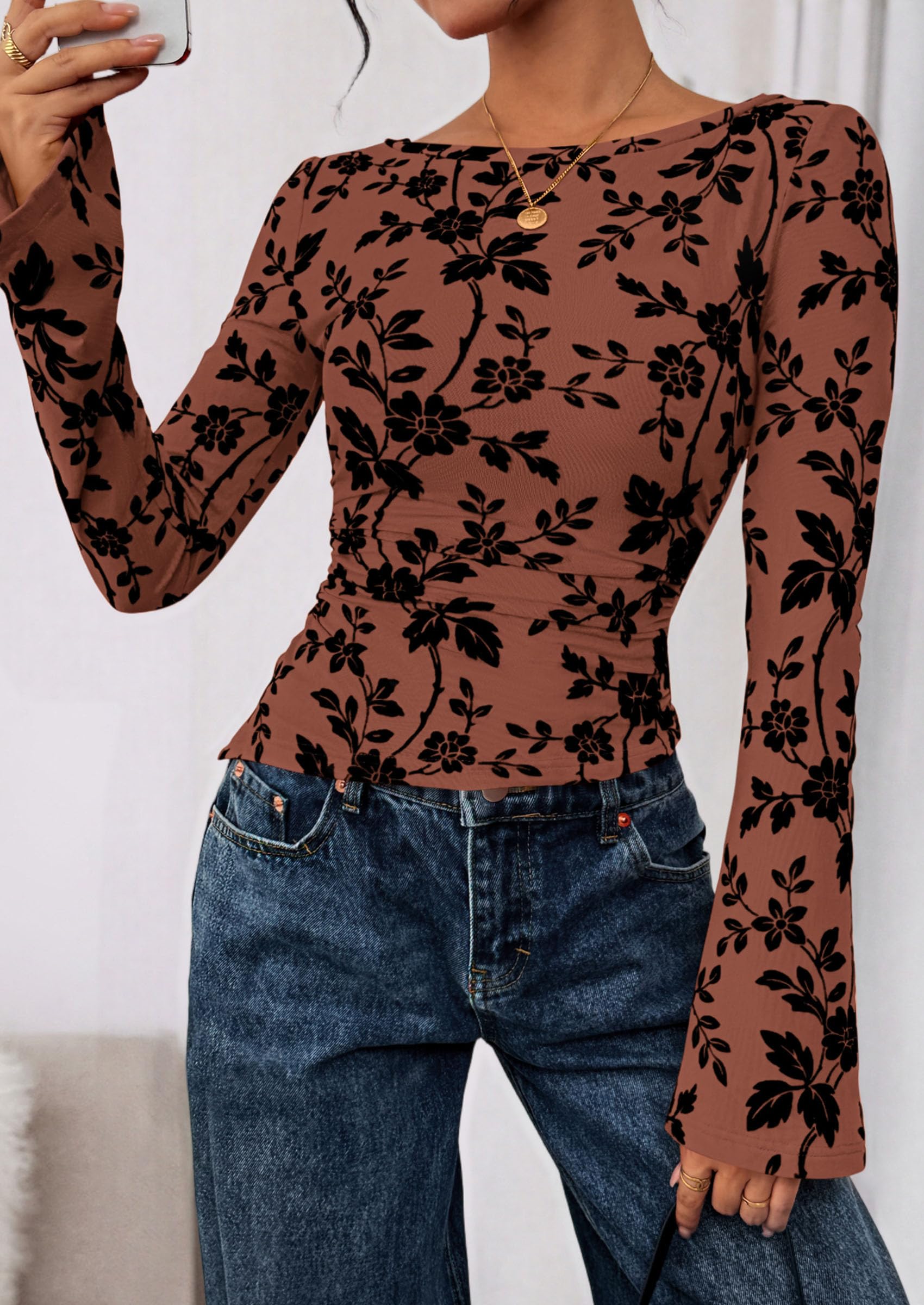Women Long Sleeve Floral Mesh Tops Blouse  Fall Trendy Boat Neck Ruched Fitted Shirt Going Out Date Outfits