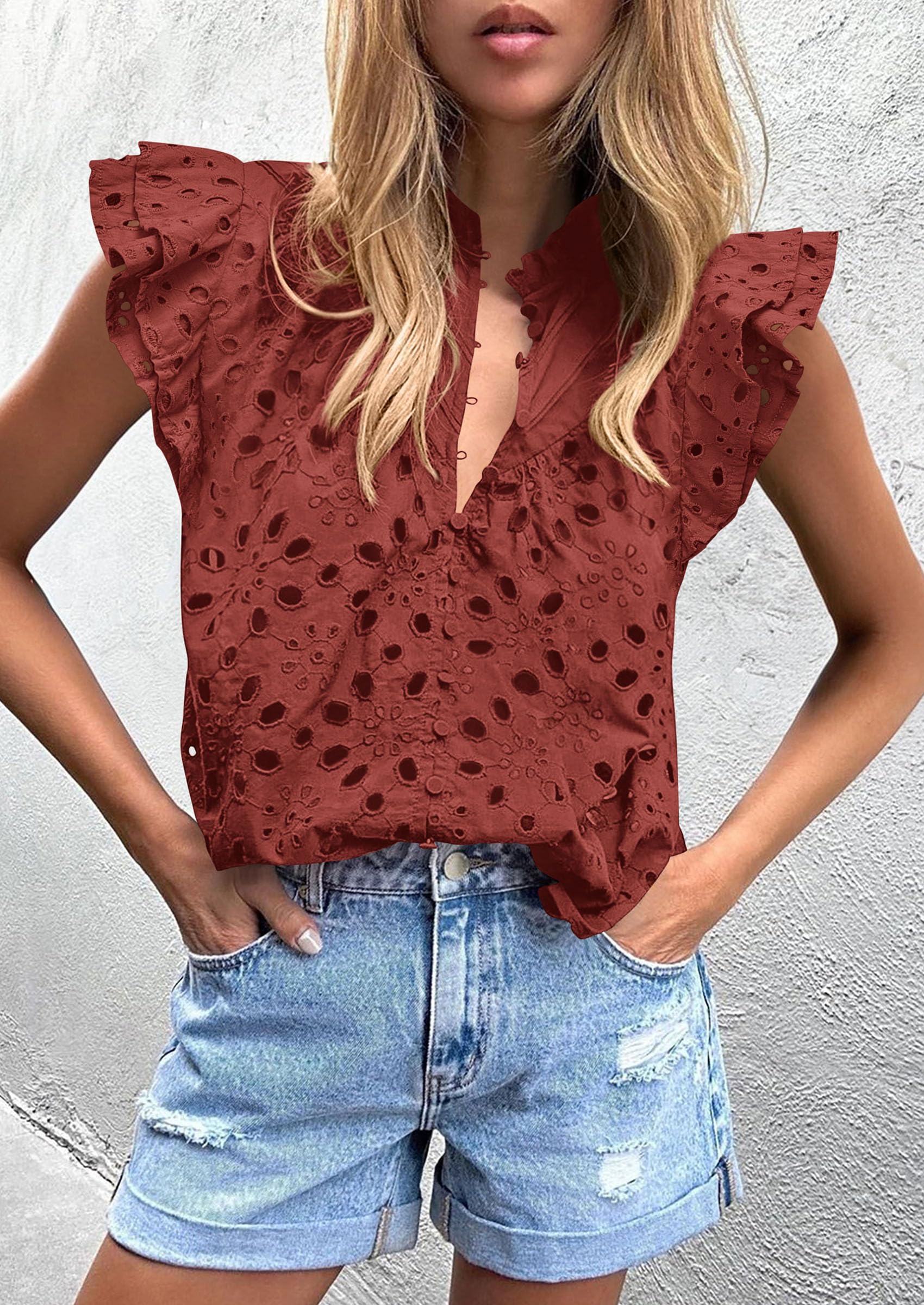 Womens Summer Tops 2025 Dressy Casual Ruffle Cap Sleeve Button V Neck Embroidered Eyelet Blouses Shirts