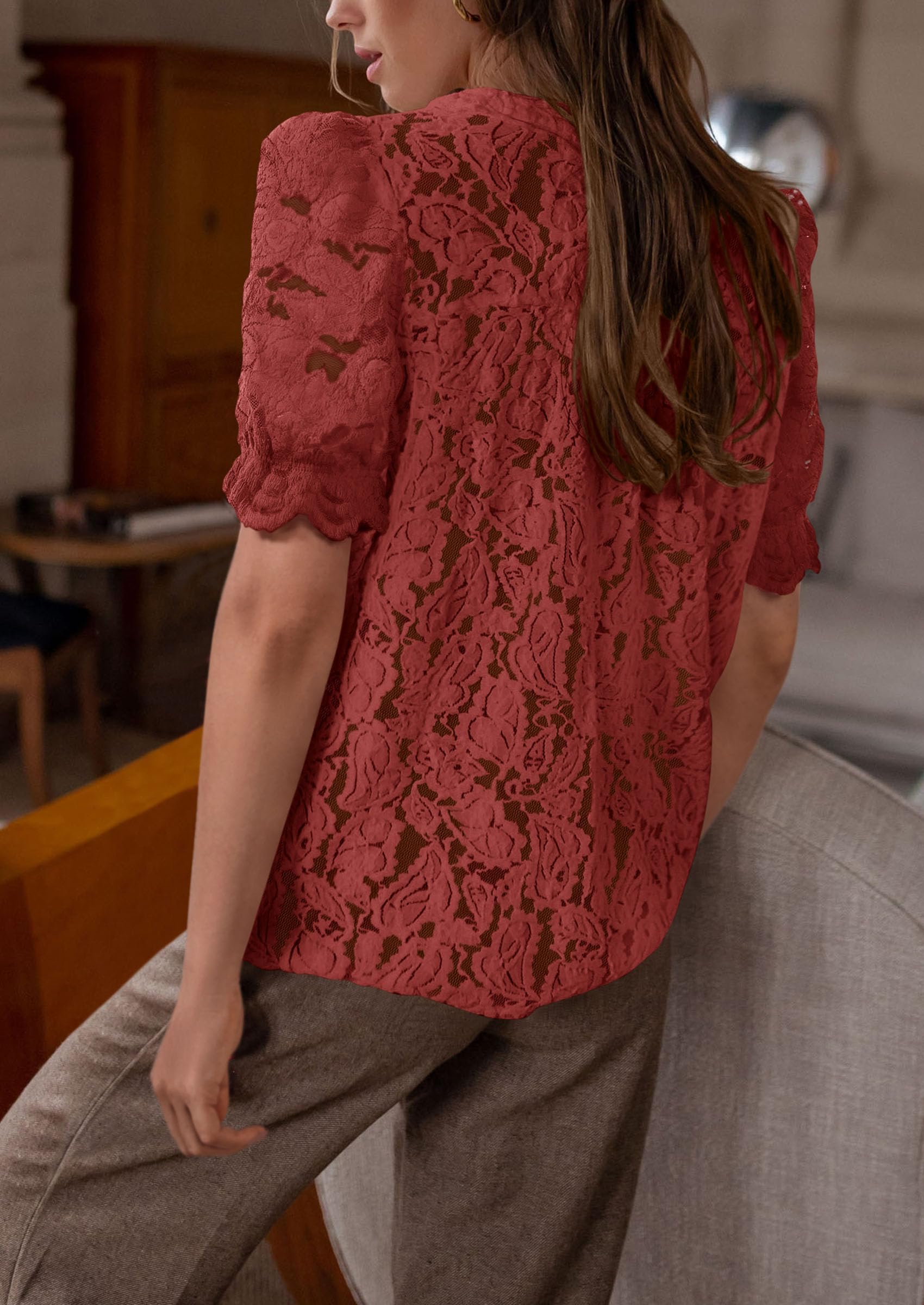 Womens Spring Lace Tops Short Puff Sleeve Casual Dressy Blouses Eyelet Crew Neck Button Down Shirts