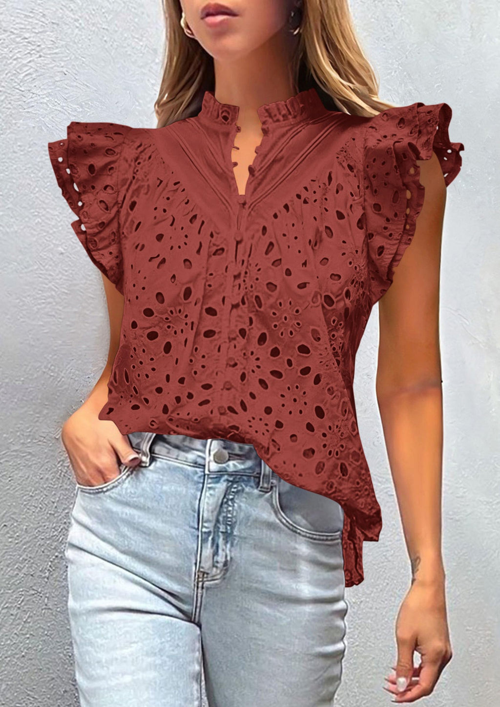 Womens Summer Tops 2025 Dressy Casual Ruffle Cap Sleeve Button V Neck Embroidered Eyelet Blouses Shirts