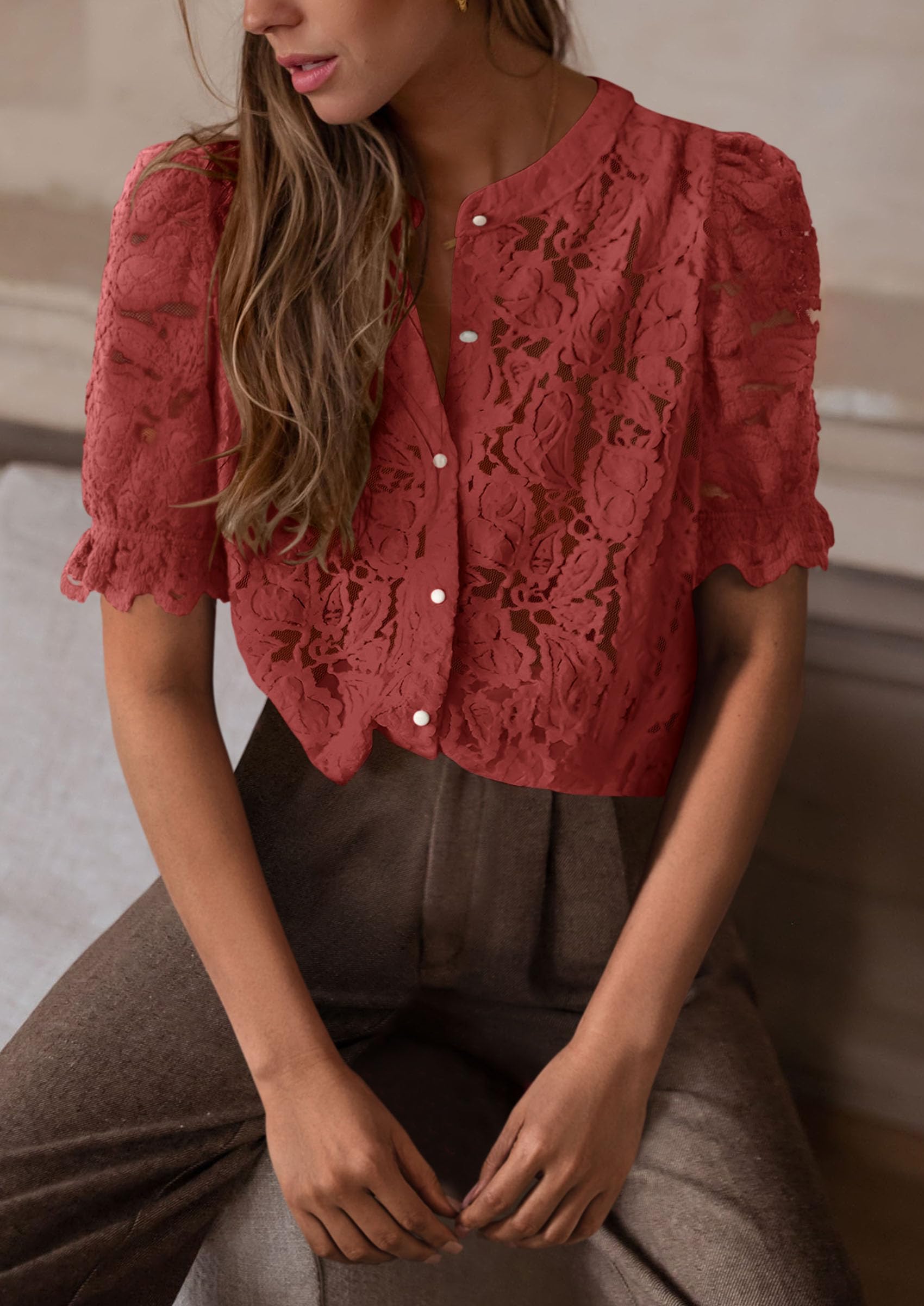 Womens Spring Lace Tops Short Puff Sleeve Casual Dressy Blouses Eyelet Crew Neck Button Down Shirts