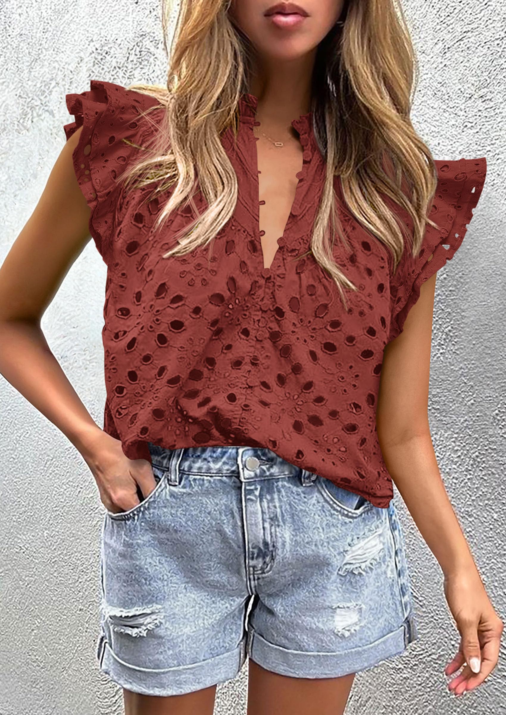 Womens Summer Tops 2025 Dressy Casual Ruffle Cap Sleeve Button V Neck Embroidered Eyelet Blouses Shirts