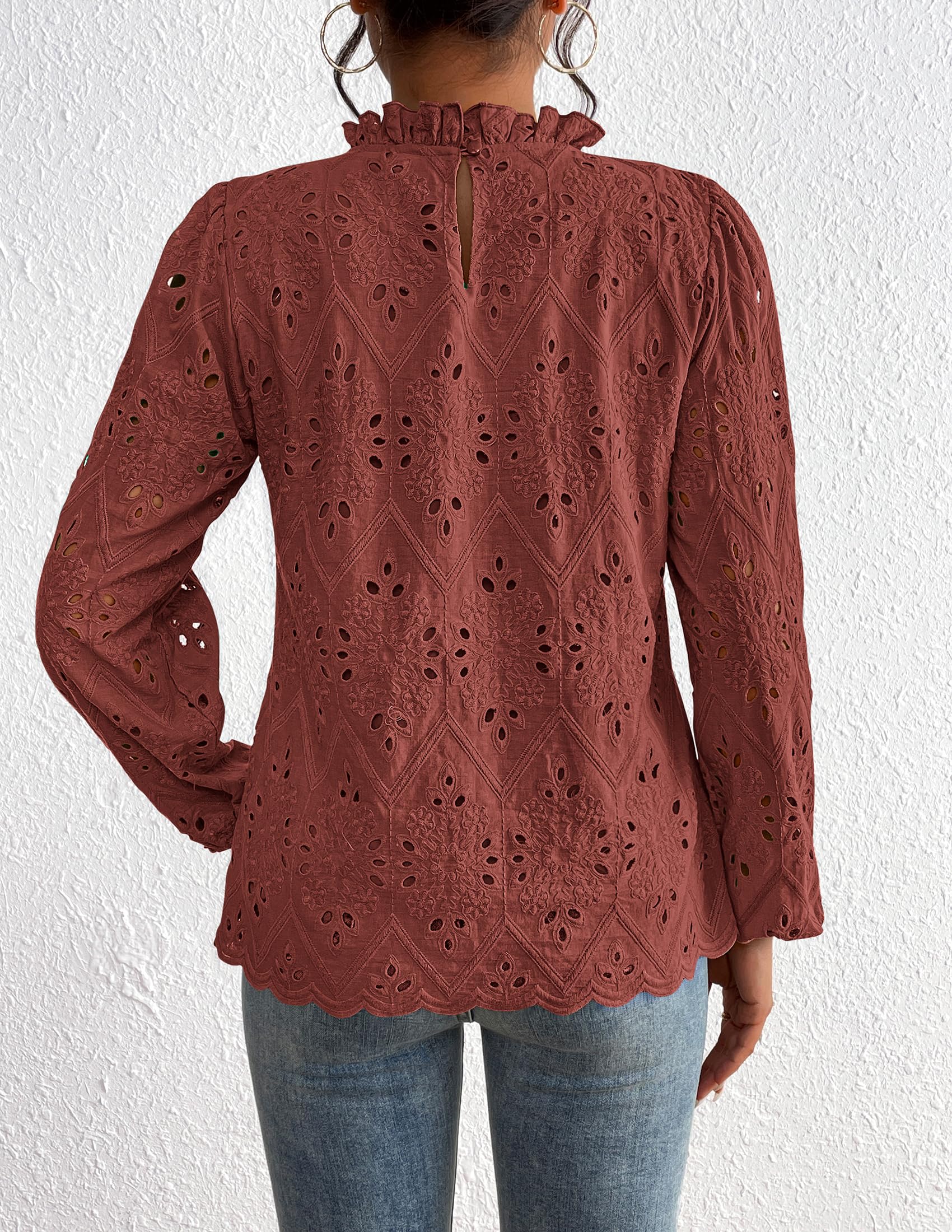 Womens Tops Dressy Casual Spring Long Sleeve Shirts Embroidered Eyelet Blouses Going Out Outfits
