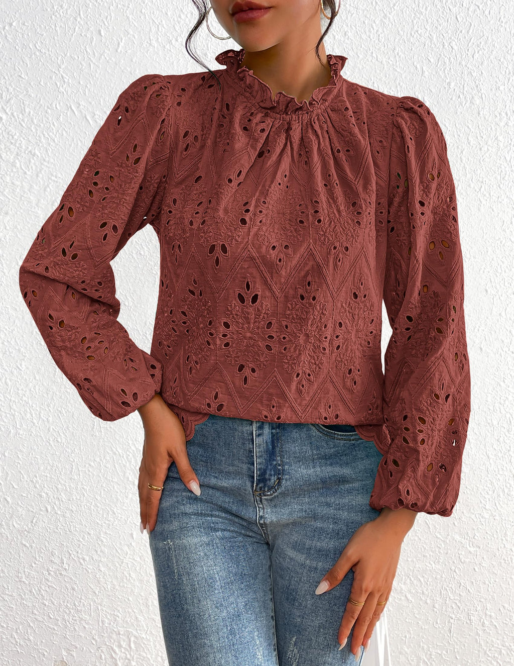 Womens Tops Dressy Casual Spring Long Sleeve Shirts Embroidered Eyelet Blouses Going Out Outfits