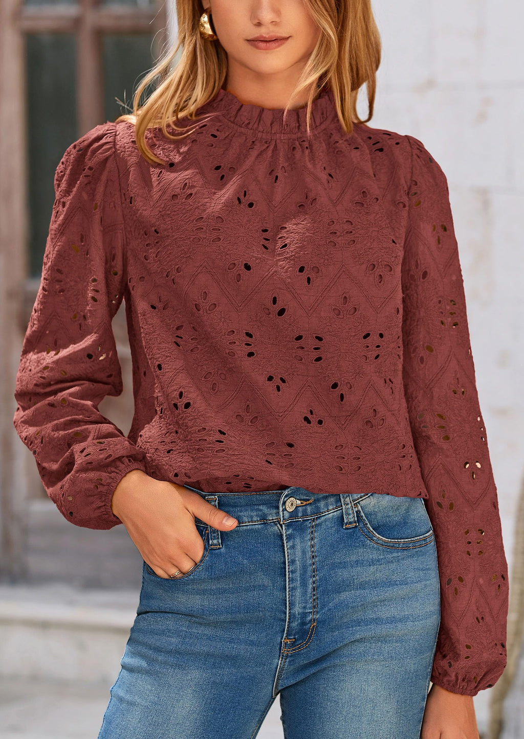 Womens Tops Dressy Casual Spring Long Sleeve Shirts Embroidered Eyelet Blouses Going Out Outfits