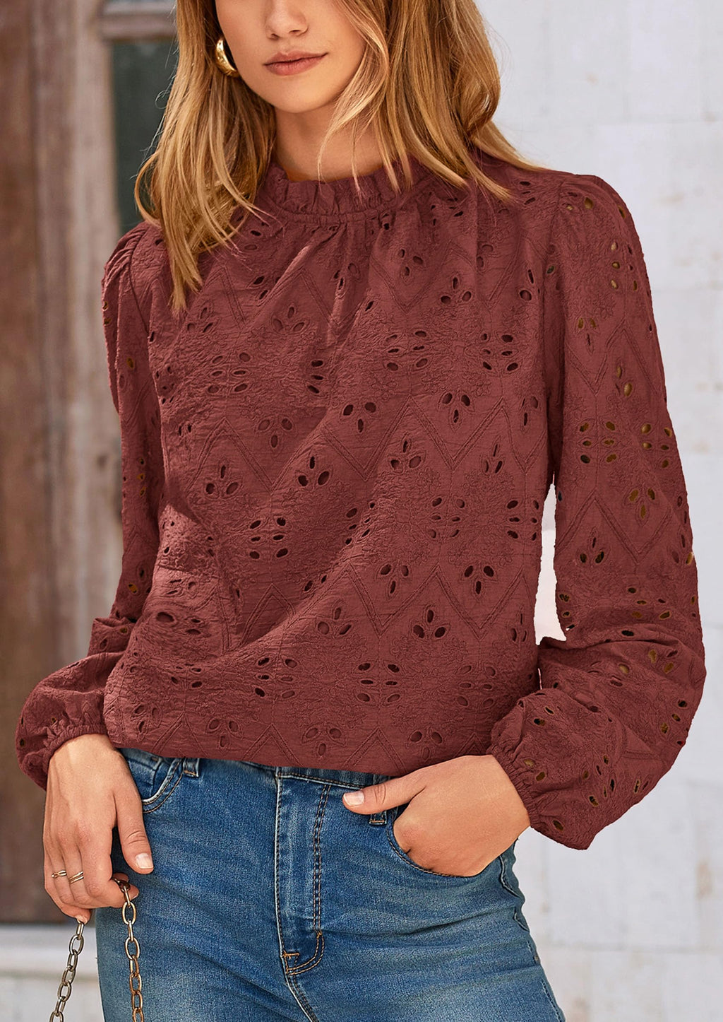 Womens Tops Dressy Casual Spring Long Sleeve Shirts Embroidered Eyelet Blouses Going Out Outfits