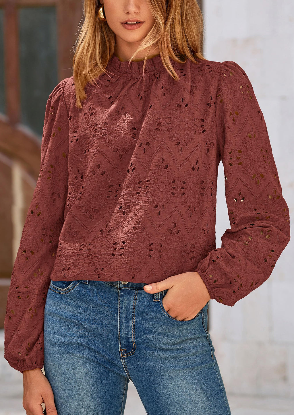 Womens Tops Dressy Casual Spring Long Sleeve Shirts Embroidered Eyelet Blouses Going Out Outfits