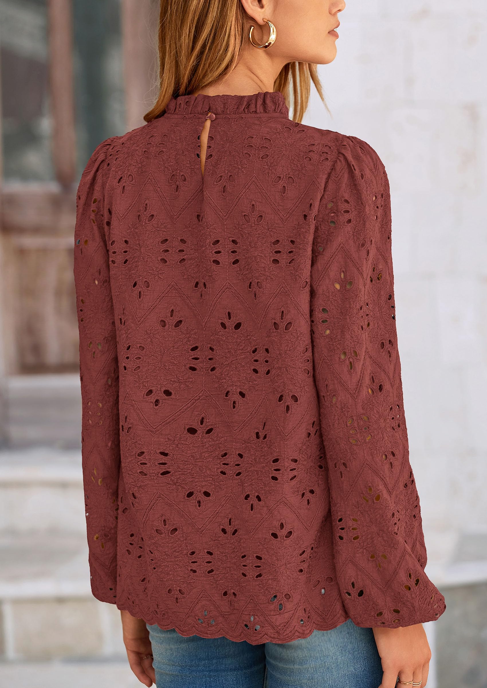 Womens Tops Dressy Casual Spring Long Sleeve Shirts Embroidered Eyelet Blouses Going Out Outfits