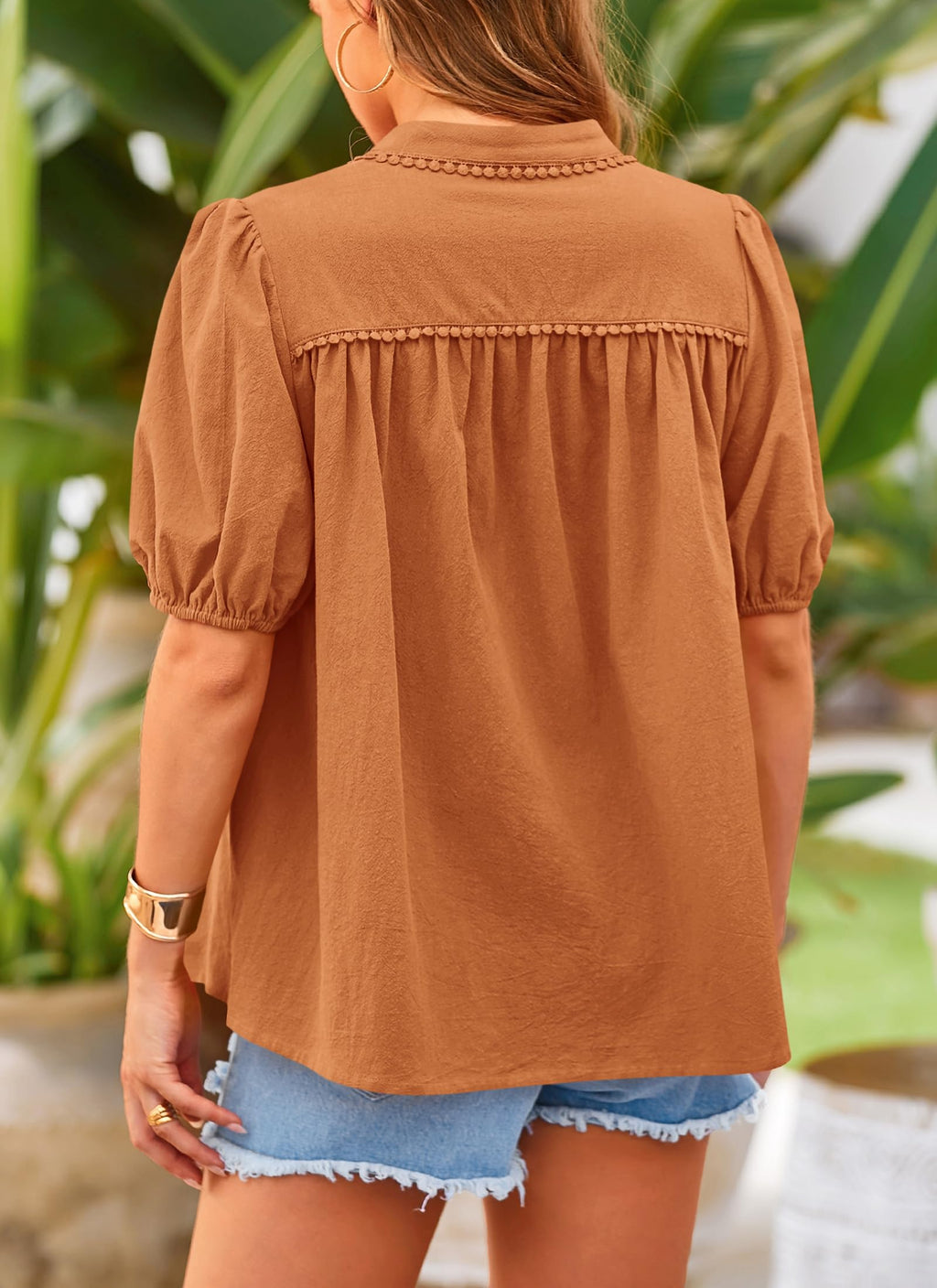 Women's Summer Tops Button Down Shirts Short Lantern Sleeve V Neck Cotton Cute Dressy Casual Blouses