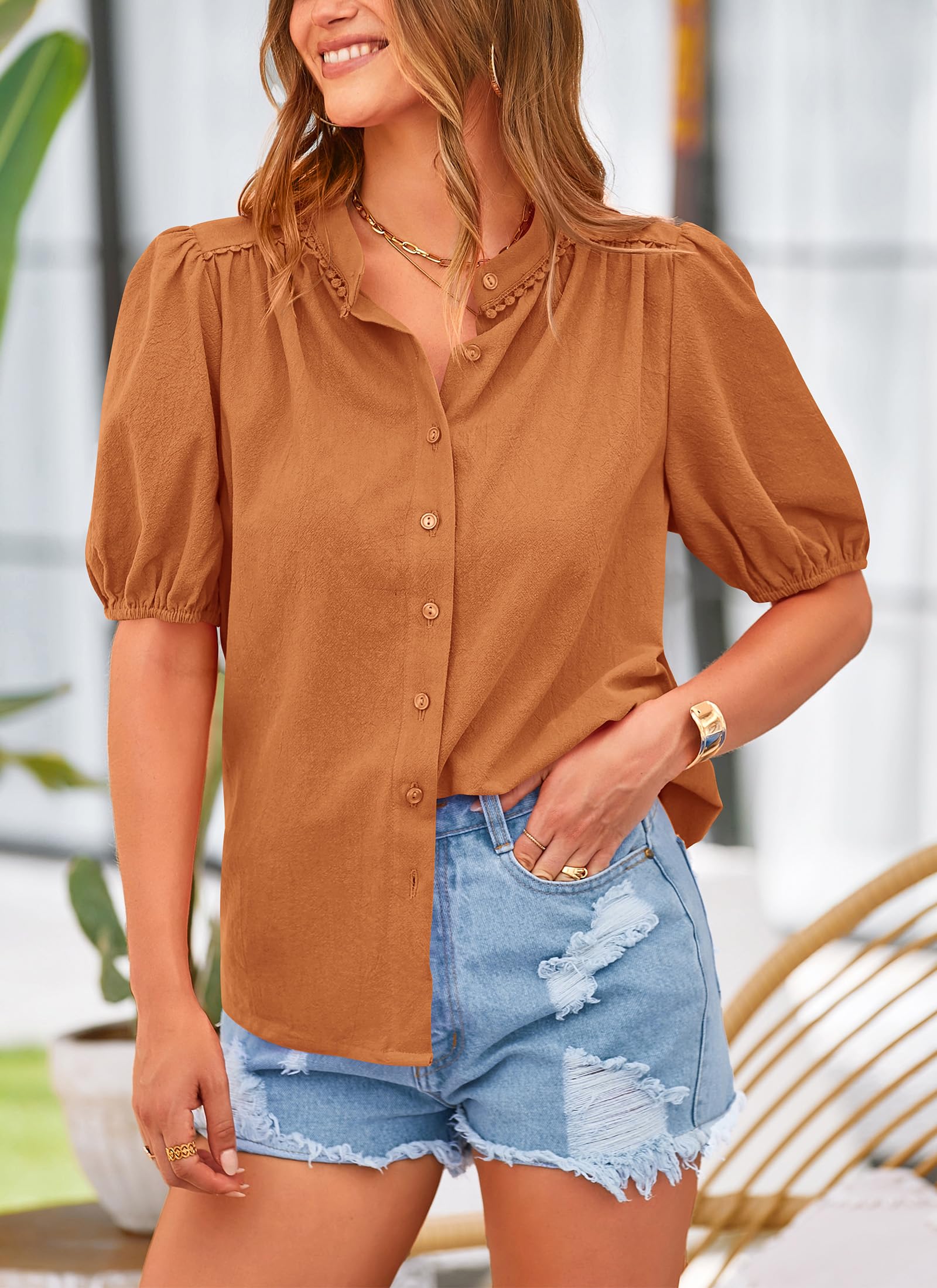 Women's Summer Tops Button Down Shirts Short Lantern Sleeve V Neck Cotton Cute Dressy Casual Blouses