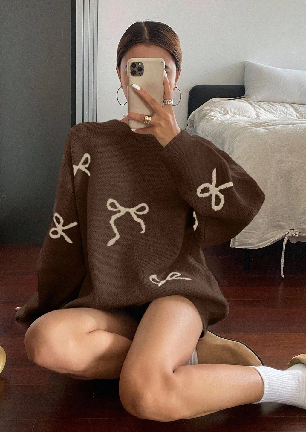 Fall Long Sleeve Pullover Sweaters for Women Trendy Crewneck Casual Cute Bow Chunky Knit Oversized Sweater