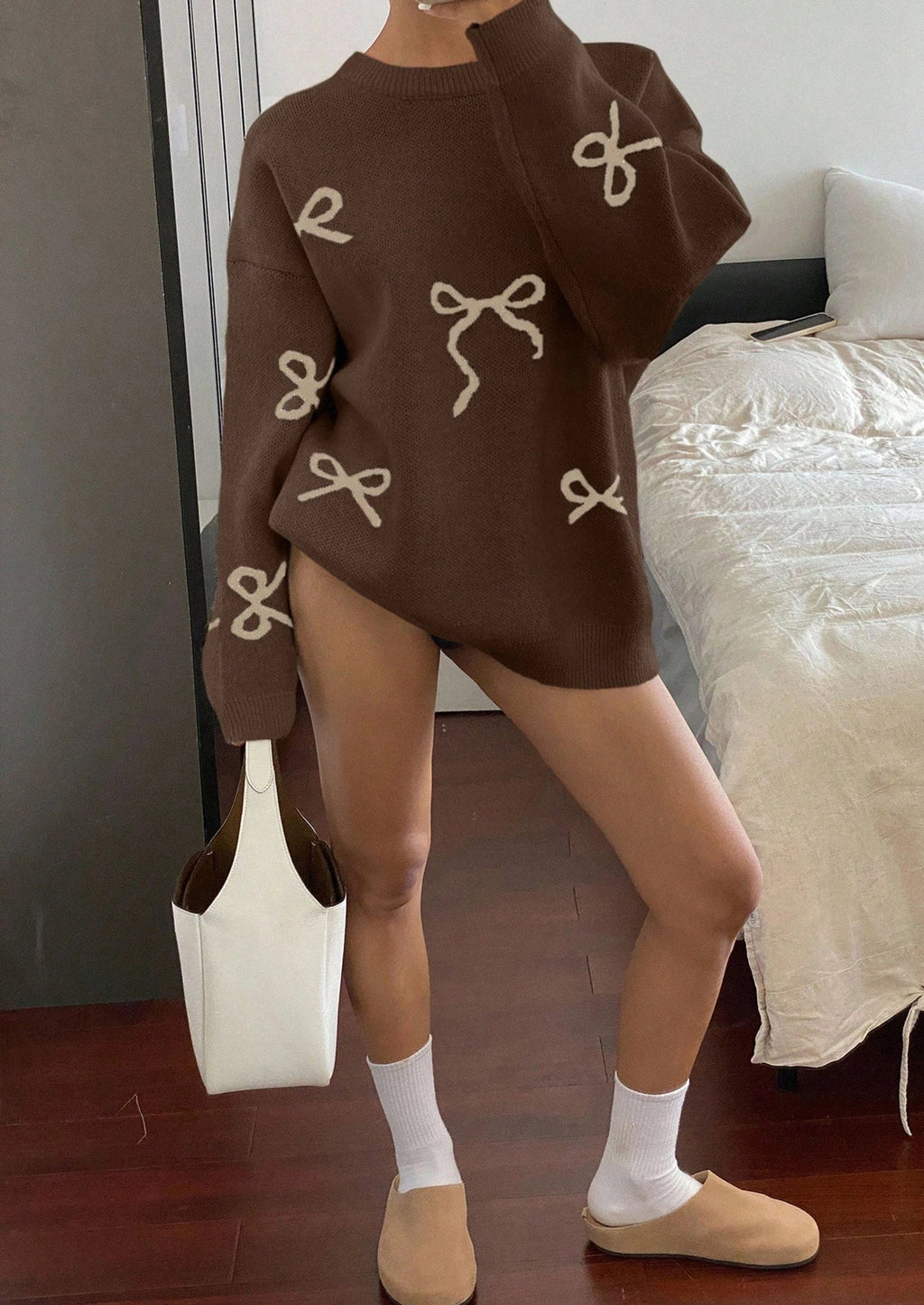 Fall Long Sleeve Pullover Sweaters for Women Trendy Crewneck Casual Cute Bow Chunky Knit Oversized Sweater