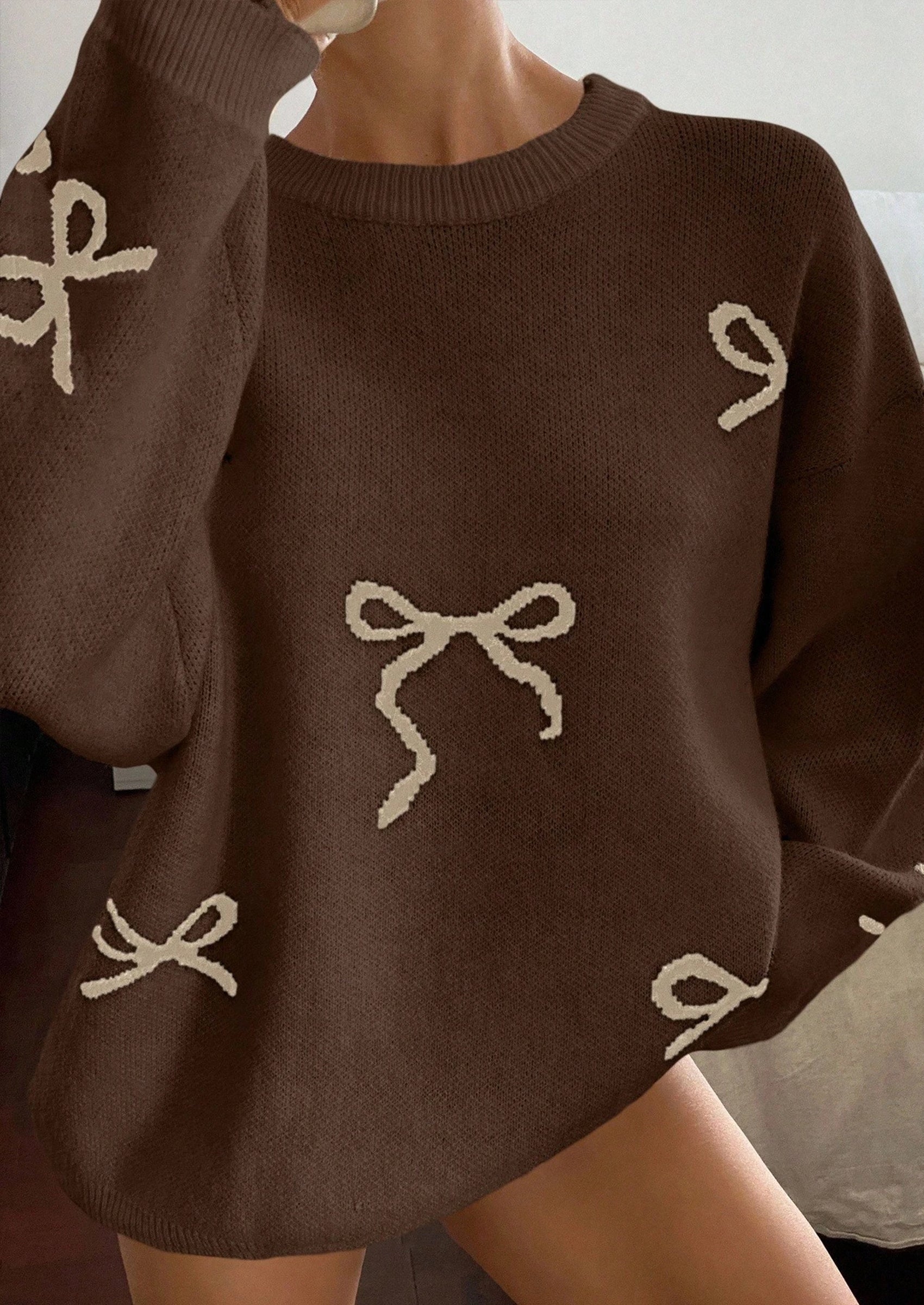 Fall Long Sleeve Pullover Sweaters for Women Trendy Crewneck Casual Cute Bow Chunky Knit Oversized Sweater