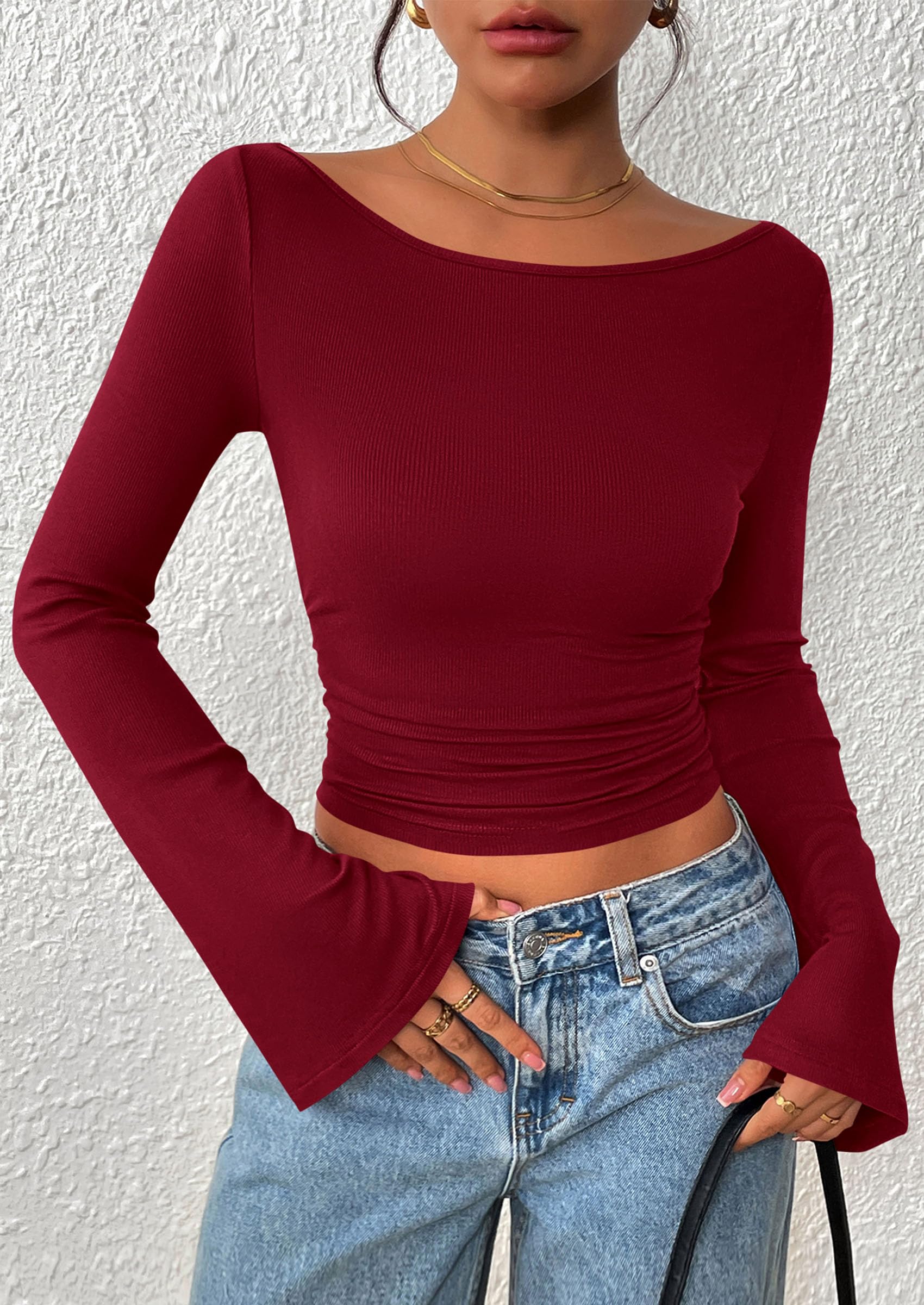 Women's Long Sleeve Shirts Fall Going Out Tops Casual Boat Neck Bell Sleeve Ribbed Ruched Y2K Clothes