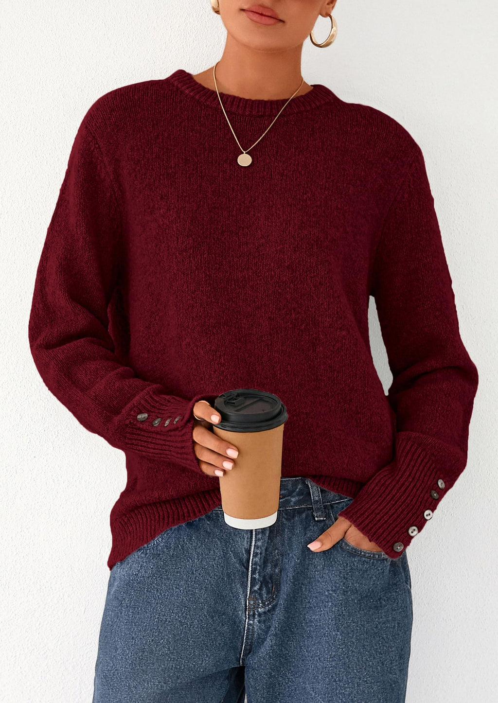 Womens Sweaters Fall Fashion Casual Crewneck Pullover Button Long Sleeve Cute Knit Tops Winter Clothes