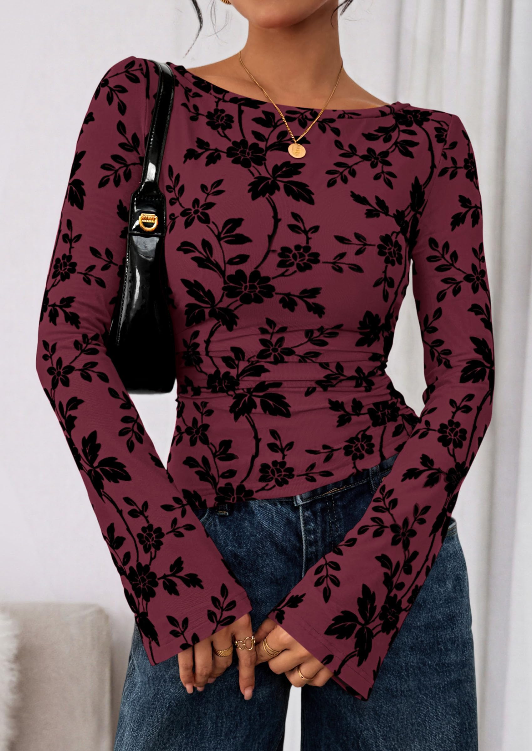 Women Long Sleeve Floral Mesh Tops Blouse  Fall Trendy Boat Neck Ruched Fitted Shirt Going Out Date Outfits