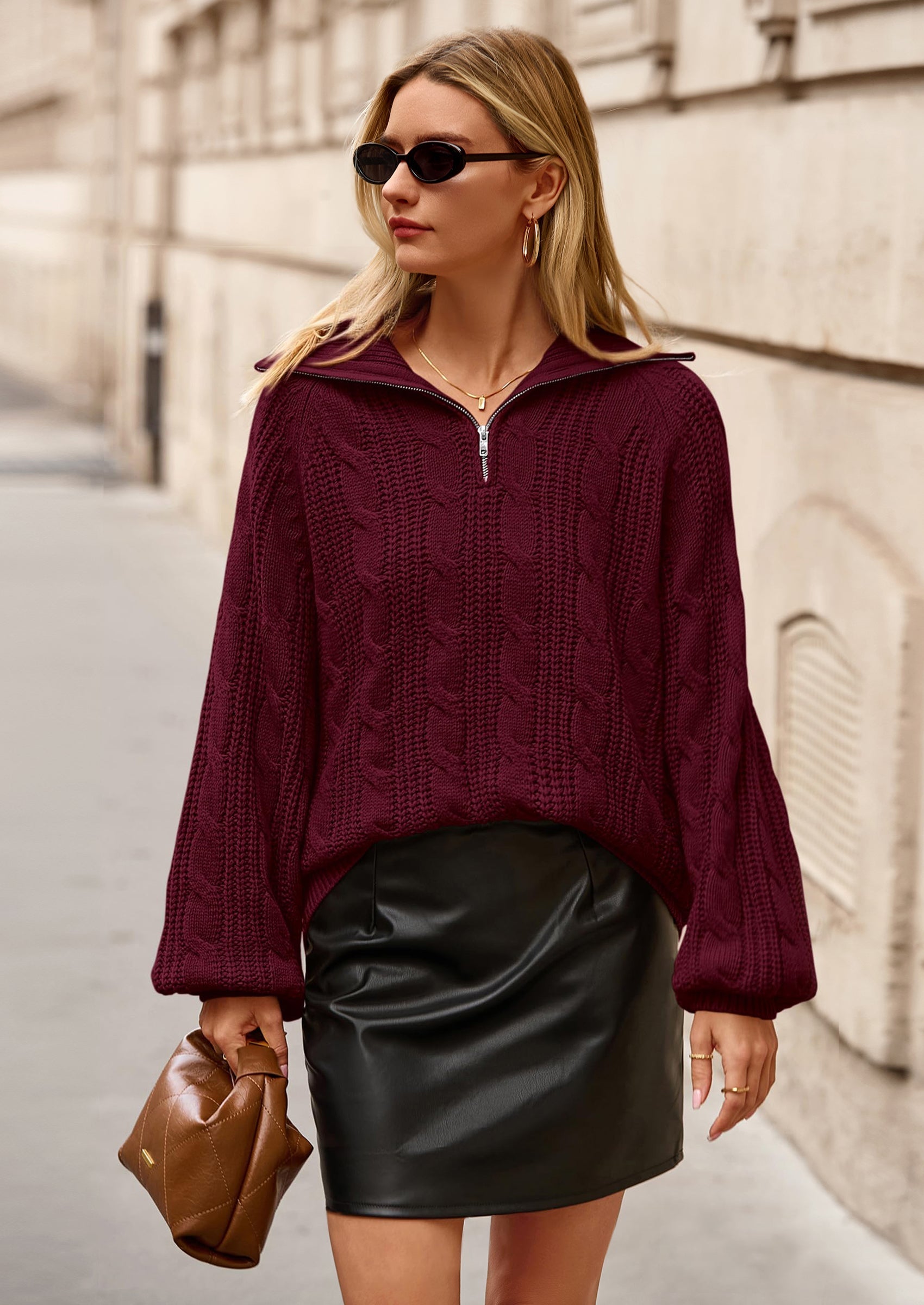 Sweaters for Women Fall Fashion Loose Quarter Zip Pullover Collared Long Sleeve Cable Knit Winter Clothes