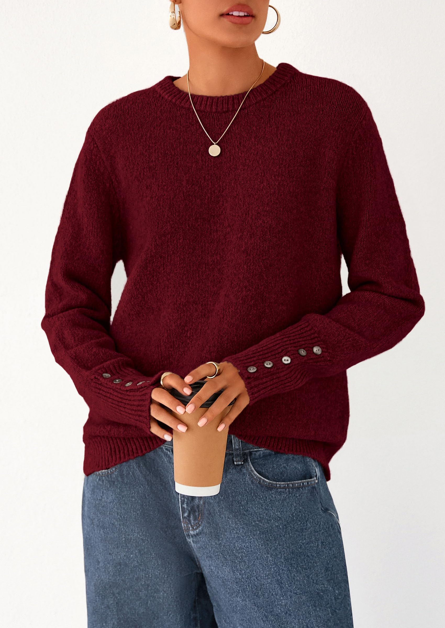 Womens Sweaters Fall Fashion Casual Crewneck Pullover Button Long Sleeve Cute Knit Tops Winter Clothes