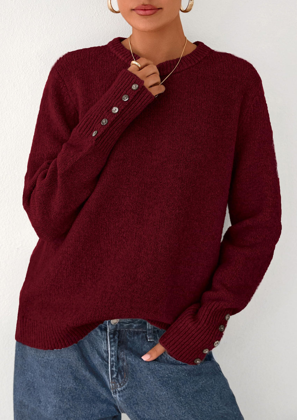 Womens Sweaters Fall Fashion Casual Crewneck Pullover Button Long Sleeve Cute Knit Tops Winter Clothes