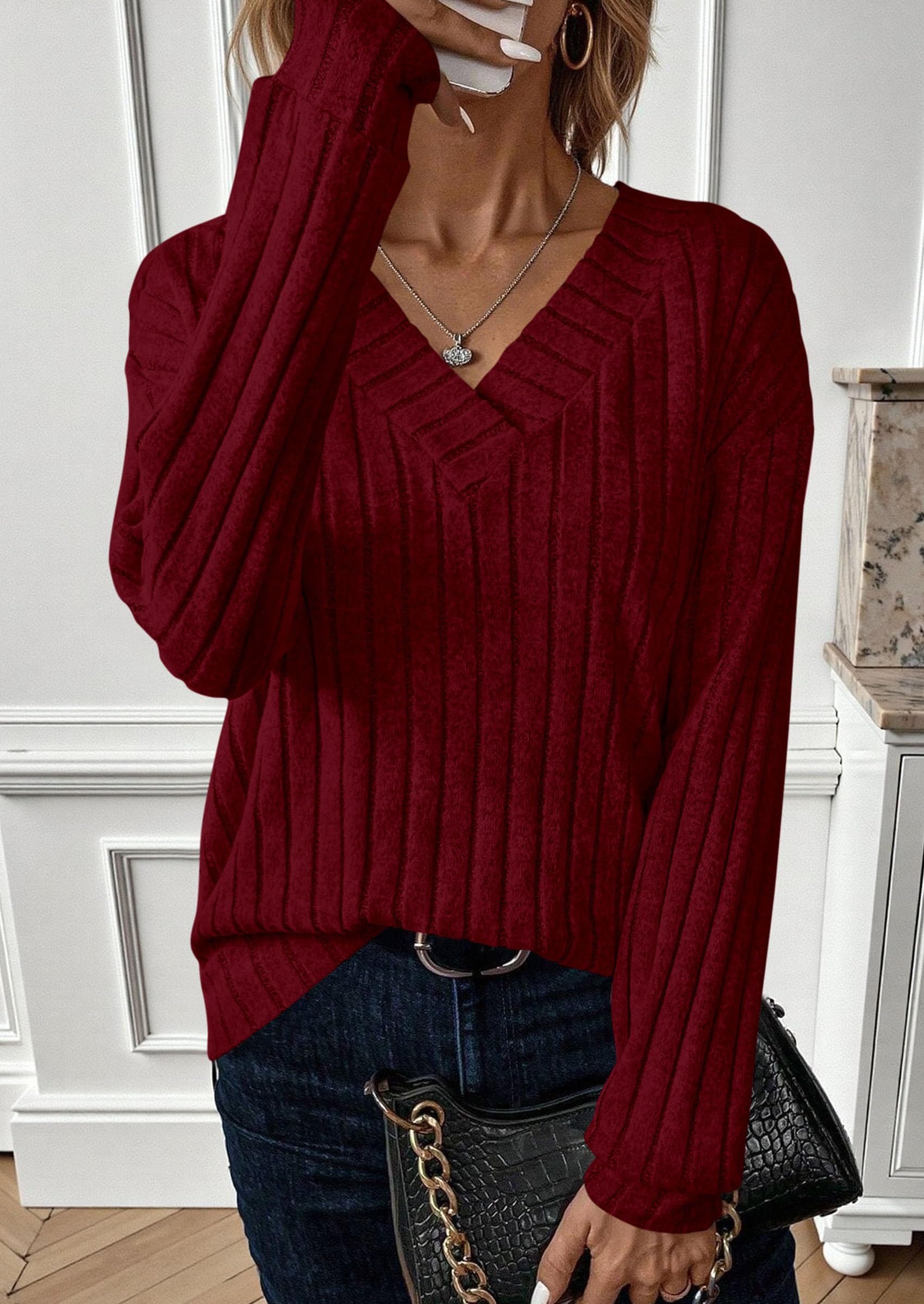 Fall Fashion Long Sleeve Shirts for Women Ribbed Knit V Neck Dressy Casual Lightweight Sweaters Tunic Tops