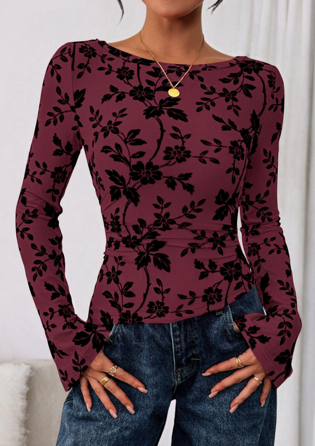 Women Long Sleeve Floral Mesh Tops Blouse  Fall Trendy Boat Neck Ruched Fitted Shirt Going Out Date Outfits