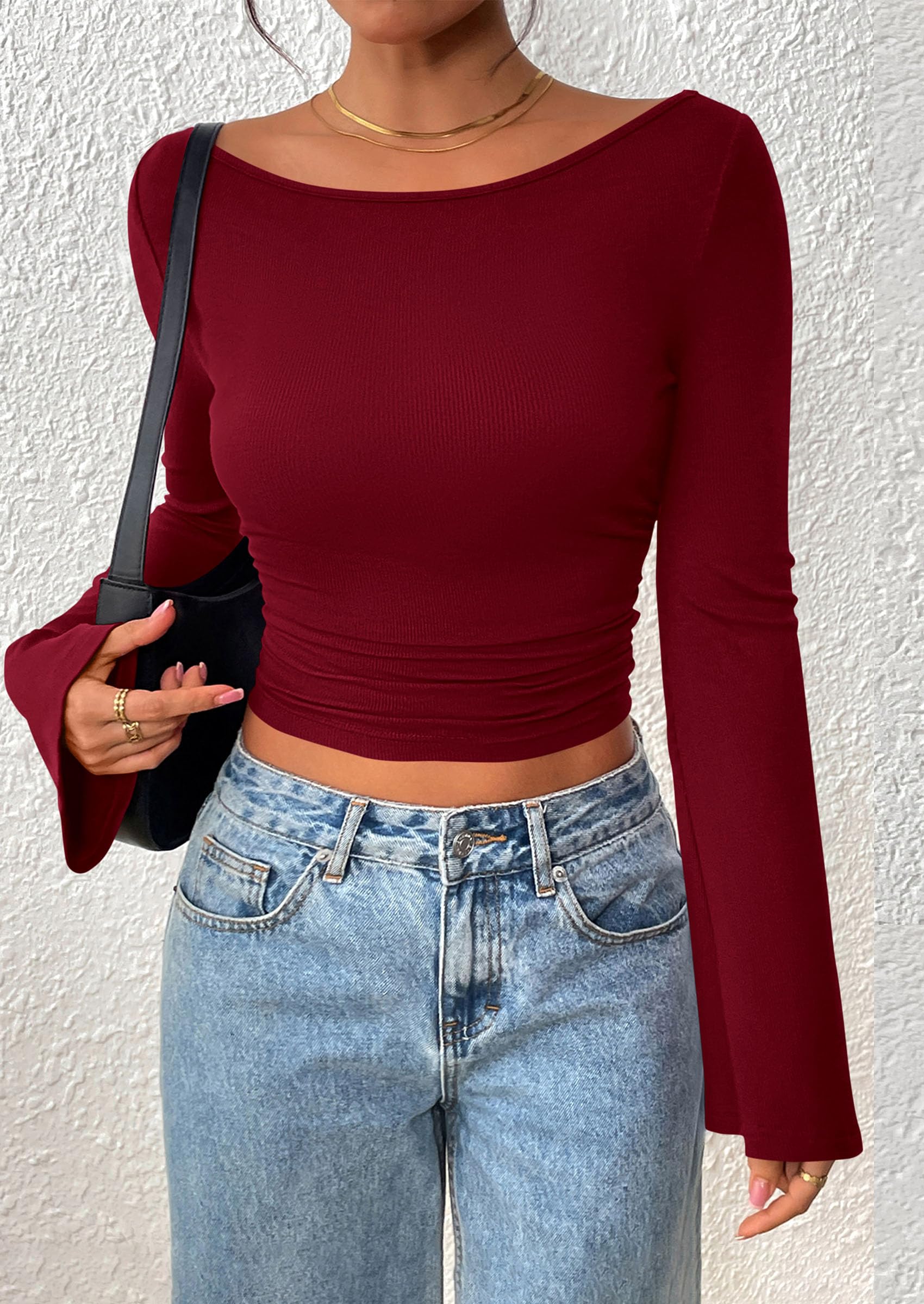Women's Long Sleeve Shirts Fall Going Out Tops Casual Boat Neck Bell Sleeve Ribbed Ruched Y2K Clothes