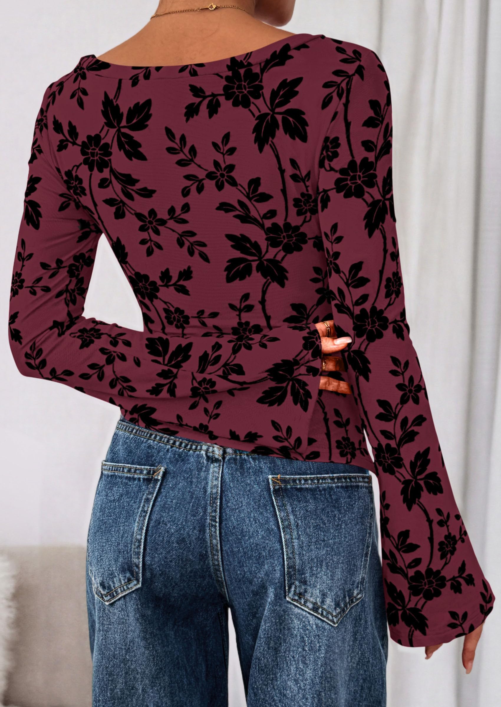 Women Long Sleeve Floral Mesh Tops Blouse  Fall Trendy Boat Neck Ruched Fitted Shirt Going Out Date Outfits