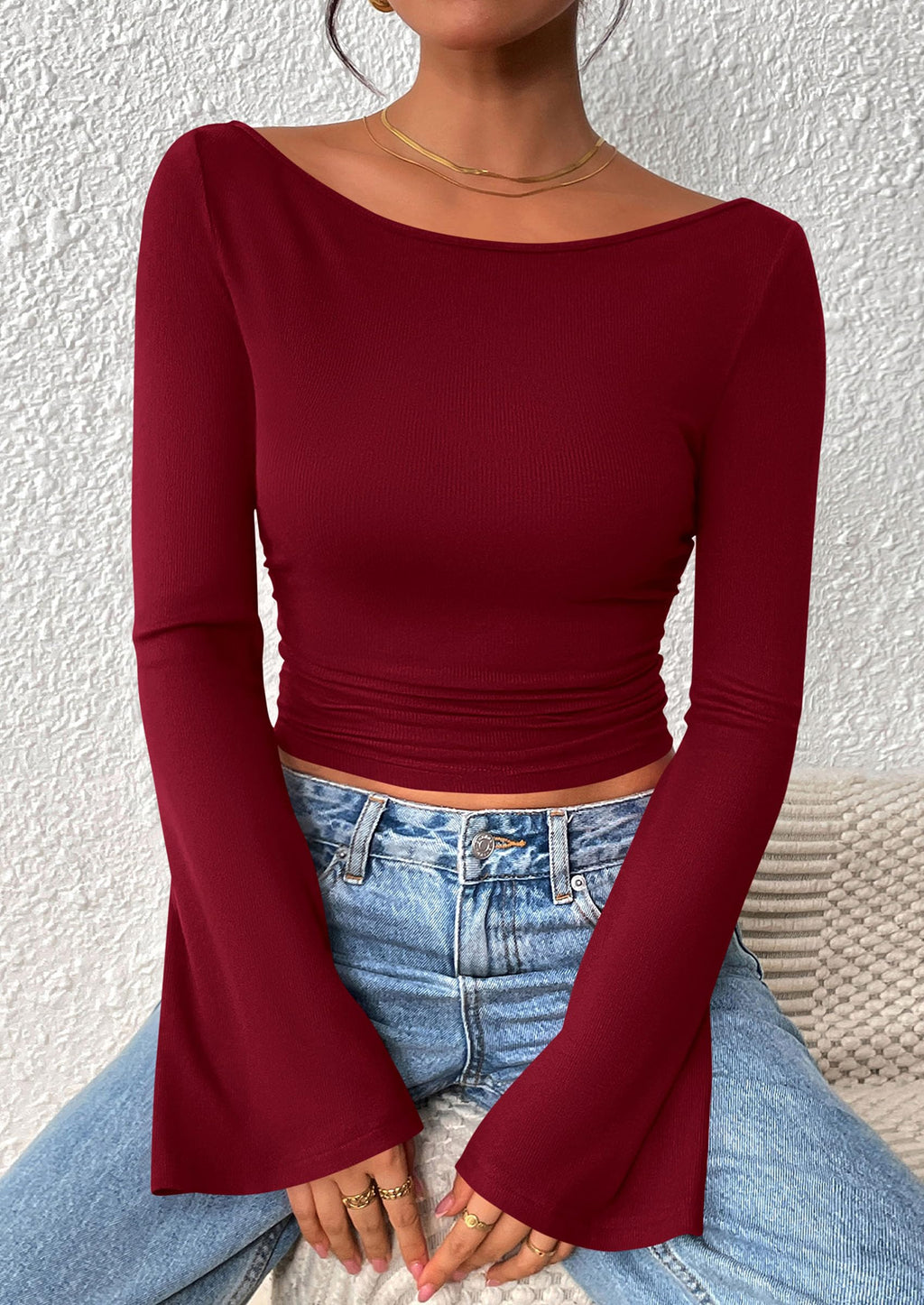 Women's Long Sleeve Shirts Fall Going Out Tops Casual Boat Neck Bell Sleeve Ribbed Ruched Y2K Clothes