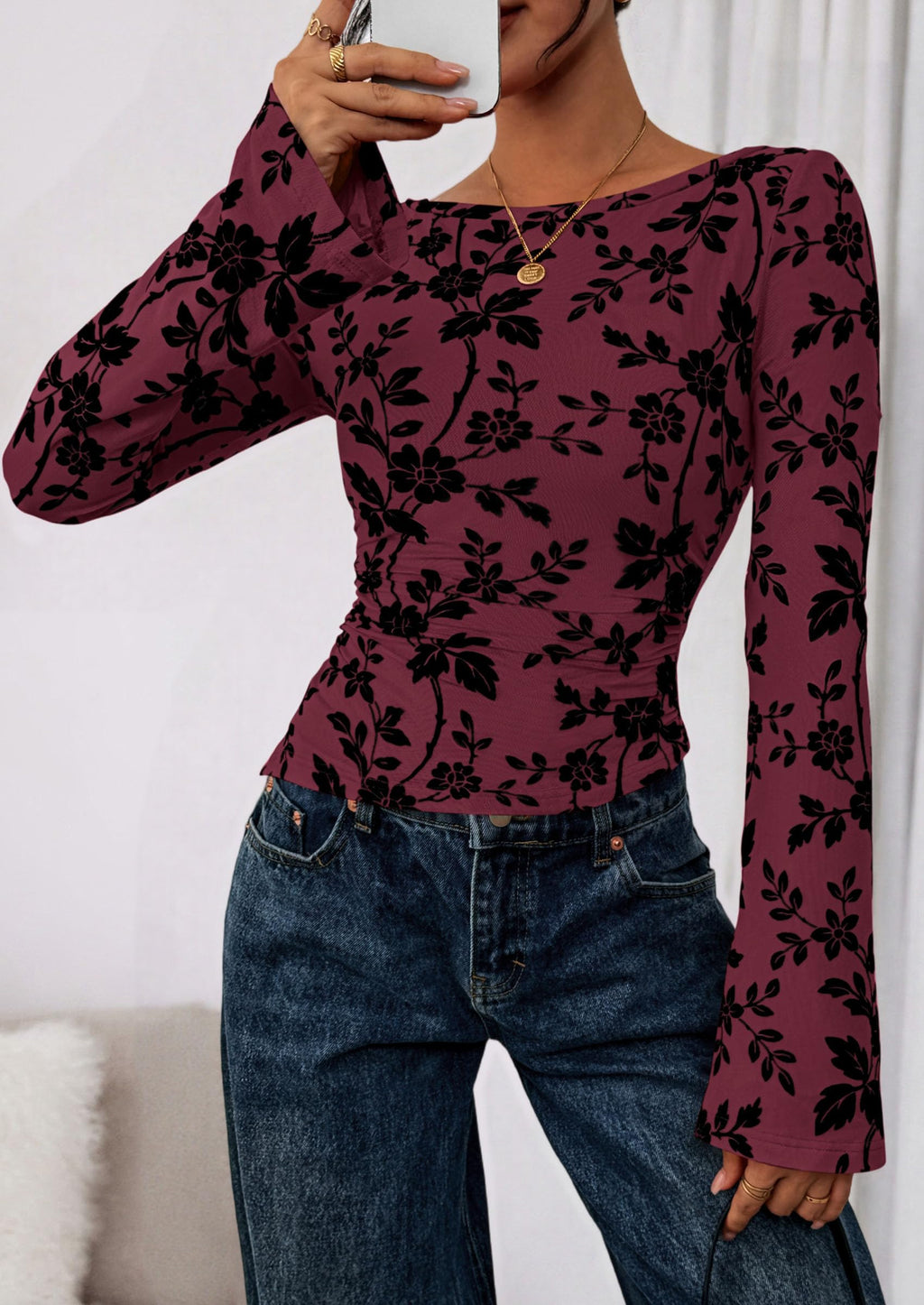 Women Long Sleeve Floral Mesh Tops Blouse  Fall Trendy Boat Neck Ruched Fitted Shirt Going Out Date Outfits