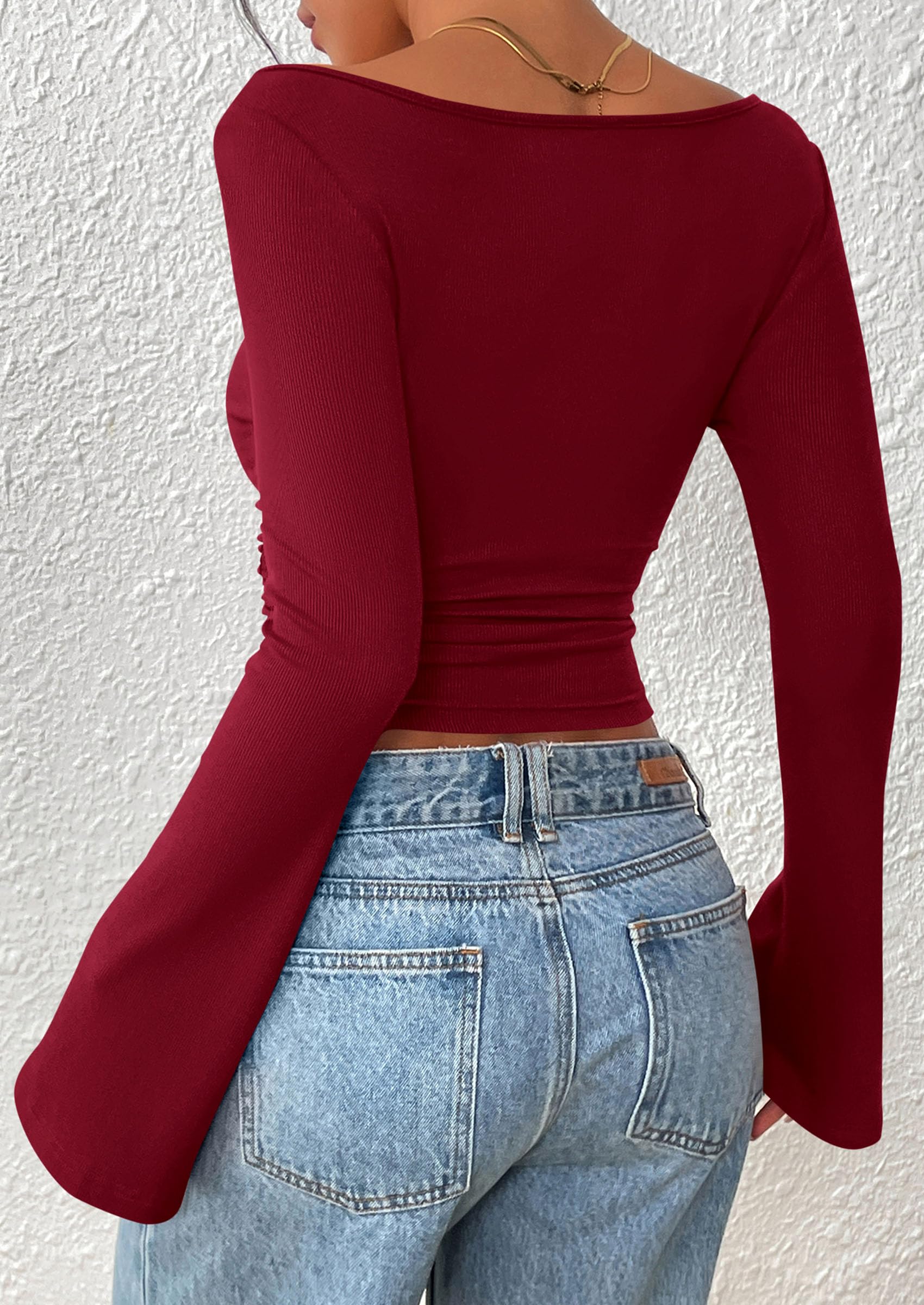 Women's Long Sleeve Shirts Fall Going Out Tops Casual Boat Neck Bell Sleeve Ribbed Ruched Y2K Clothes