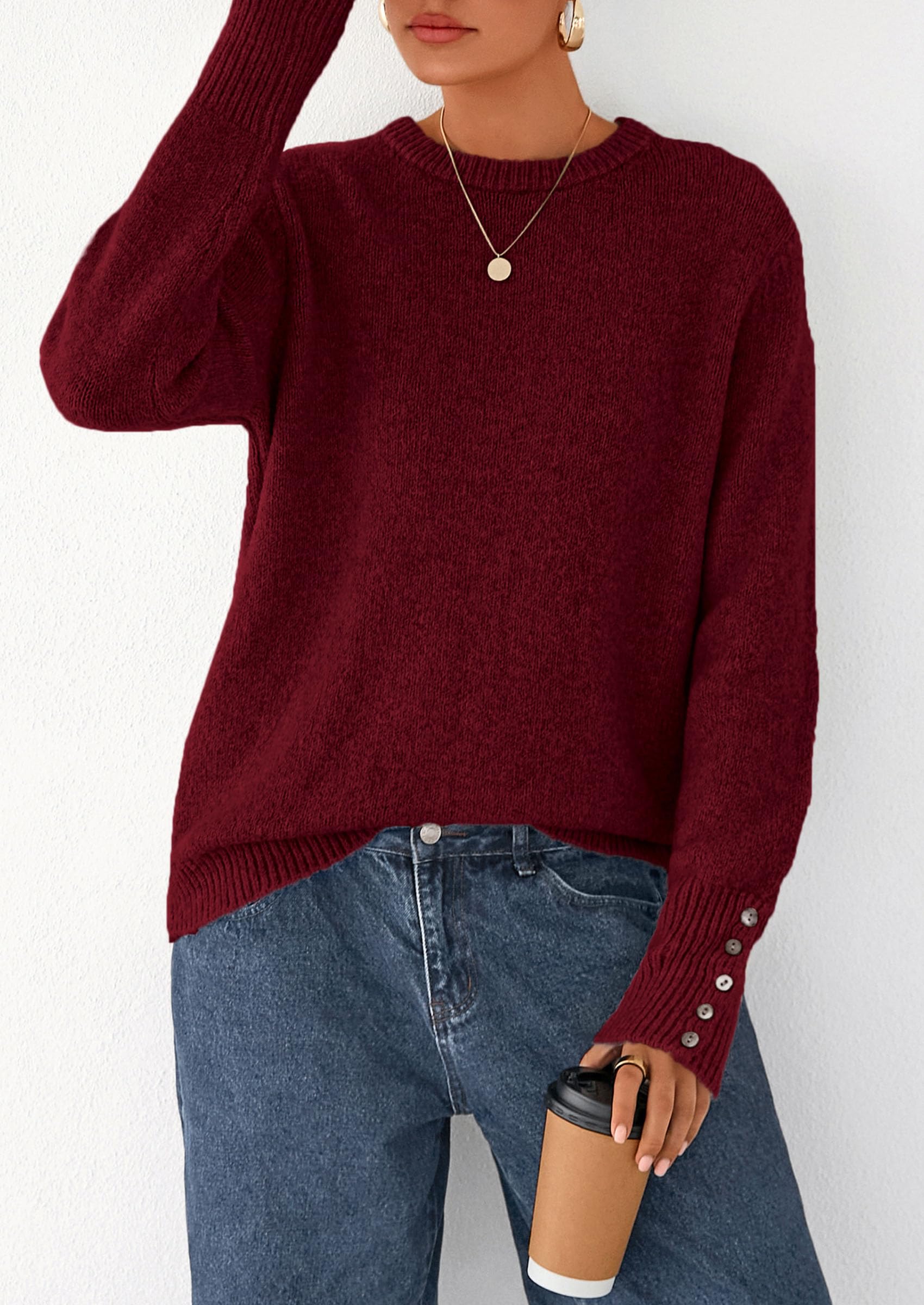 Womens Sweaters Fall Fashion Casual Crewneck Pullover Button Long Sleeve Cute Knit Tops Winter Clothes