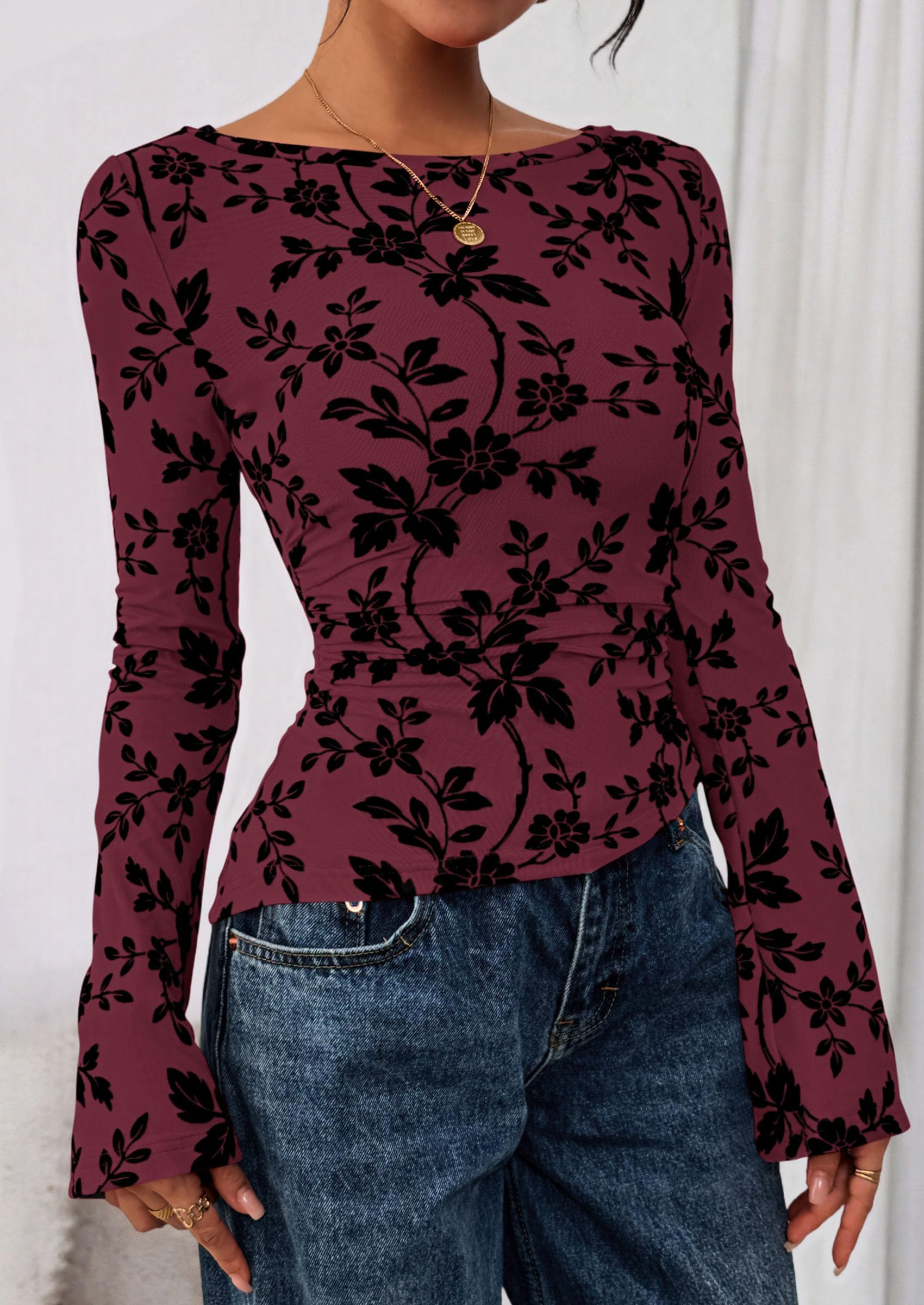 Women Long Sleeve Floral Mesh Tops Blouse  Fall Trendy Boat Neck Ruched Fitted Shirt Going Out Date Outfits