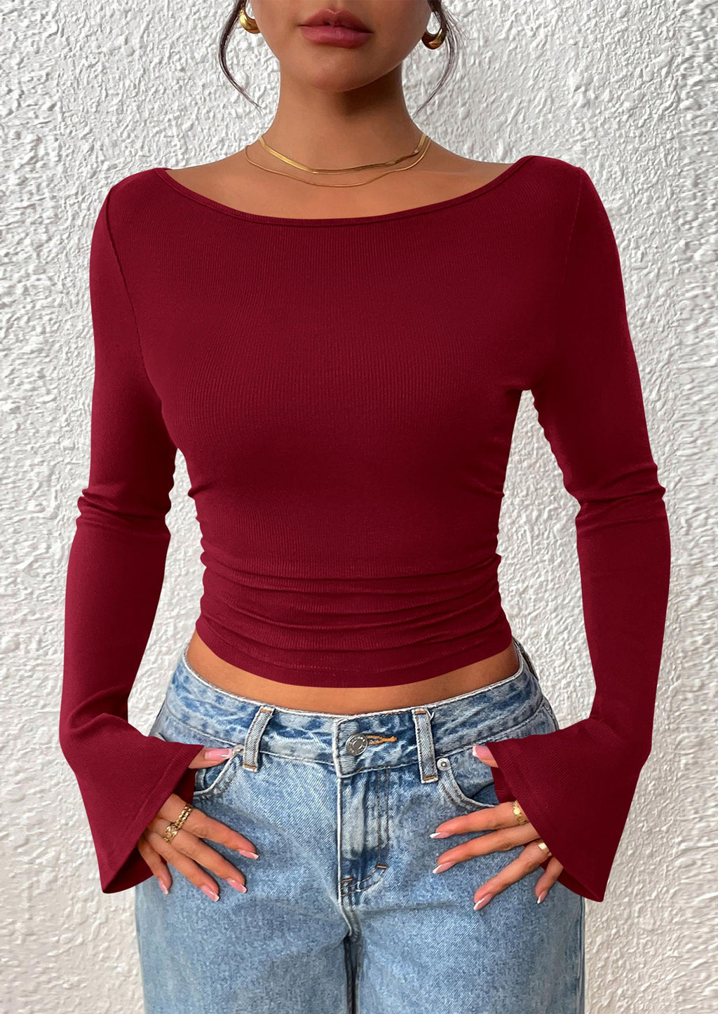 Women's Long Sleeve Shirts Fall Going Out Tops Casual Boat Neck Bell Sleeve Ribbed Ruched Y2K Clothes