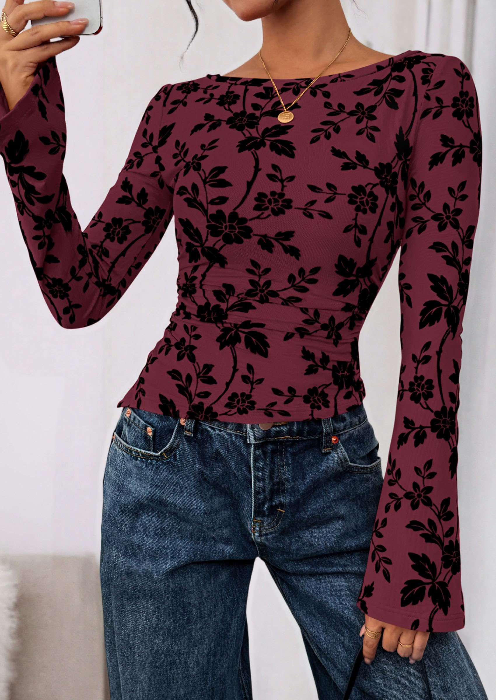 Women Long Sleeve Floral Mesh Tops Blouse  Fall Trendy Boat Neck Ruched Fitted Shirt Going Out Date Outfits