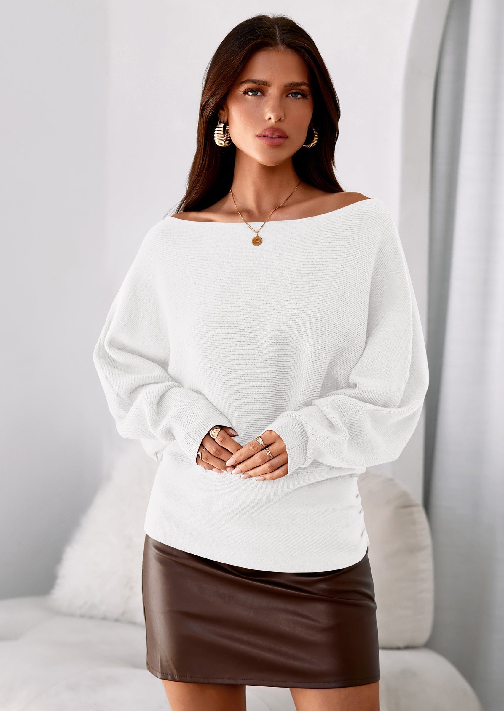 Women Off The Shoulder Sweater Fall Trendy Long Batwing Sleeve Knit Pullover Going Out Tops Winter Clothing
