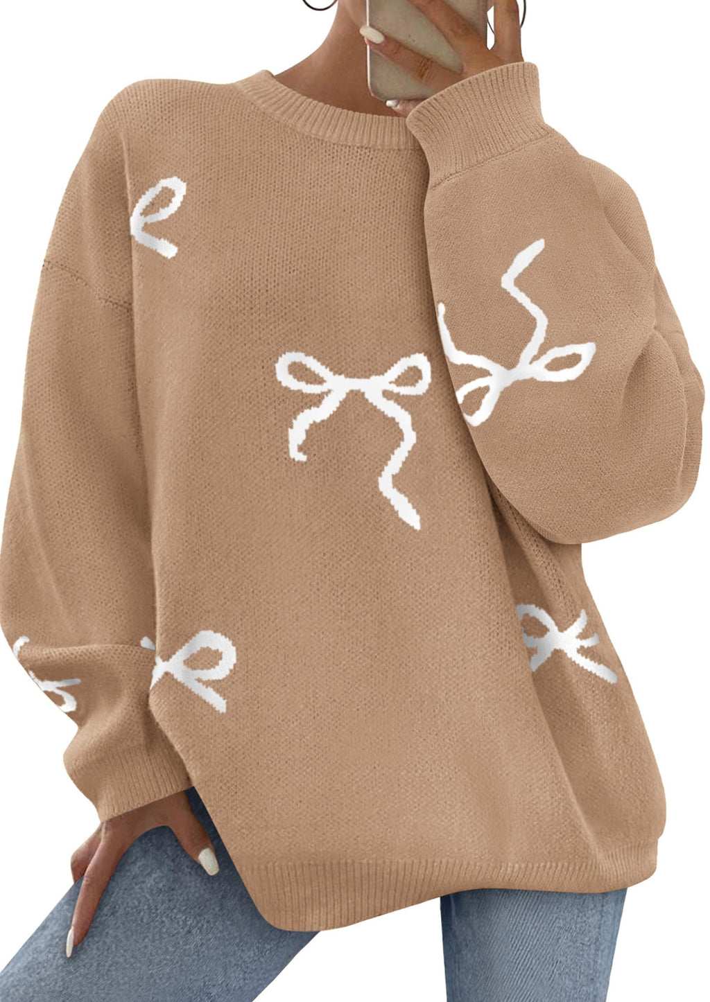 Fall Long Sleeve Pullover Sweaters for Women Trendy Crewneck Casual Cute Bow Chunky Knit Oversized Sweater