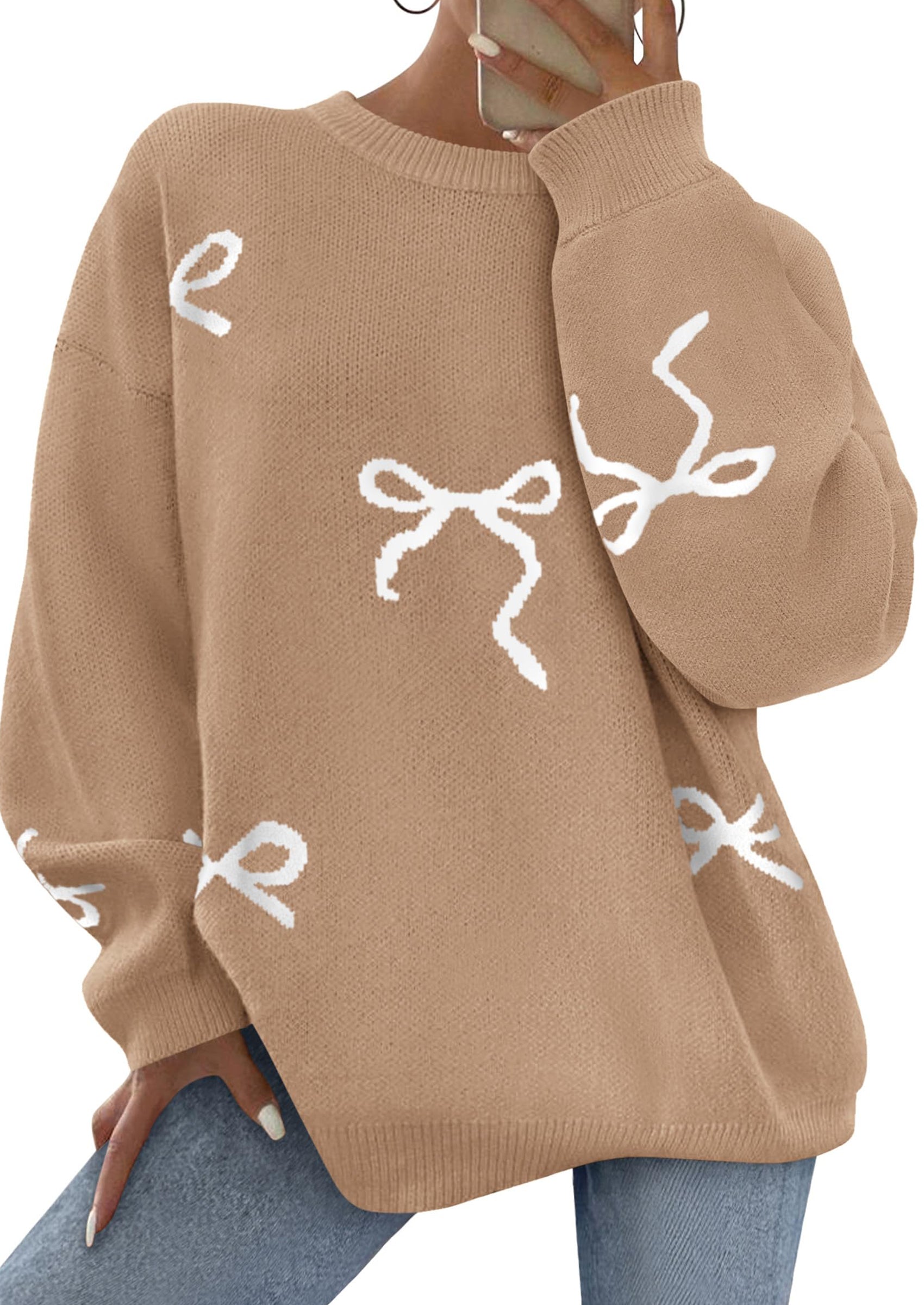 Fall Long Sleeve Pullover Sweaters for Women Trendy Crewneck Casual Cute Bow Chunky Knit Oversized Sweater