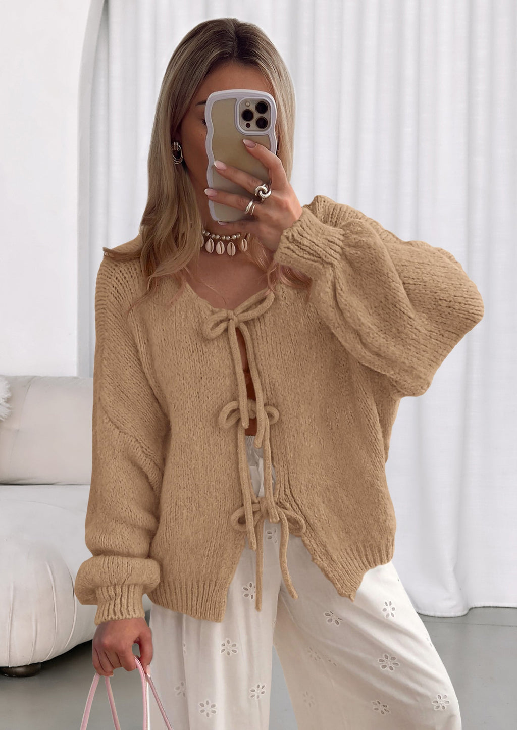 Women's Tie Front Bow Cardigan Sweaters Chunky Knit Long Puff Sleeve Trendy Fall Winter Jacket Coats
