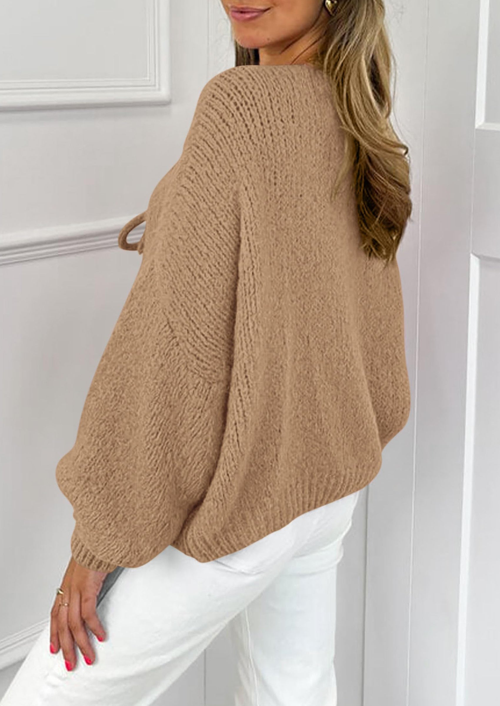 Women's Tie Front Bow Cardigan Sweaters Chunky Knit Long Puff Sleeve Trendy Fall Winter Jacket Coats